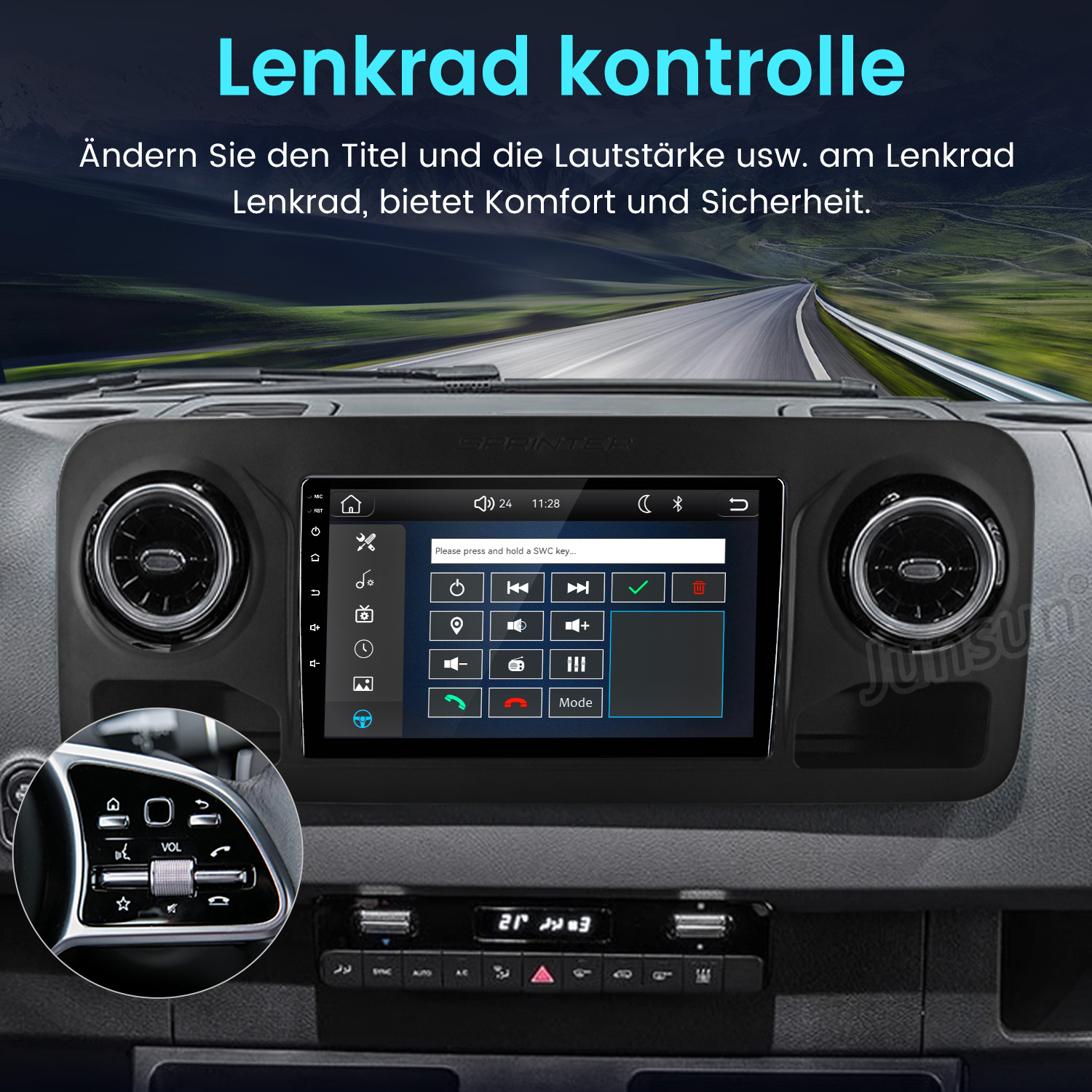 Armaturenbrett mit Touchscreen-Display und Detailansicht der Lenkradtasten.