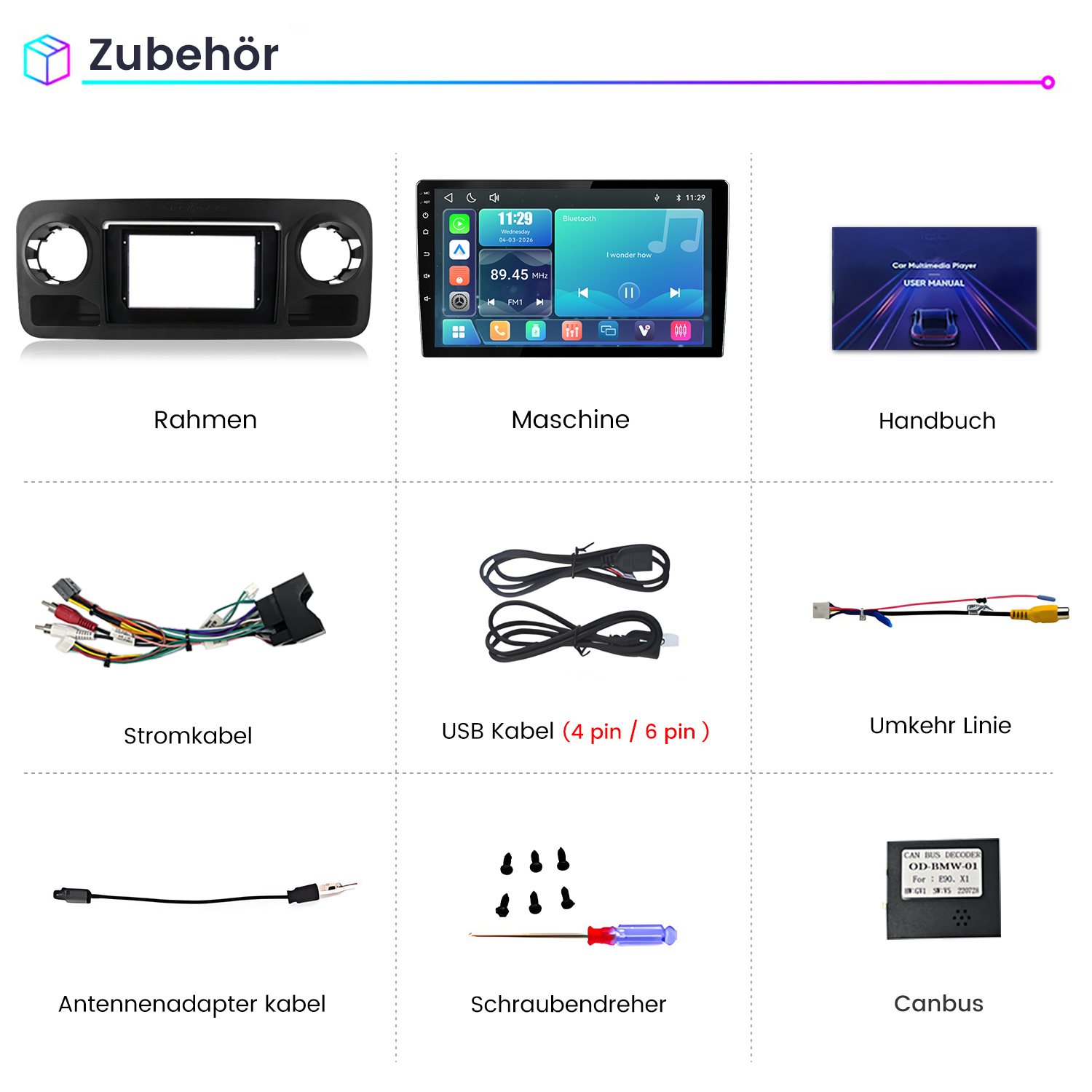 Übersicht von Autozubehörteilen wie Rahmen, Display, Kabel und Werkzeug mit deutschen Beschriftungen.
