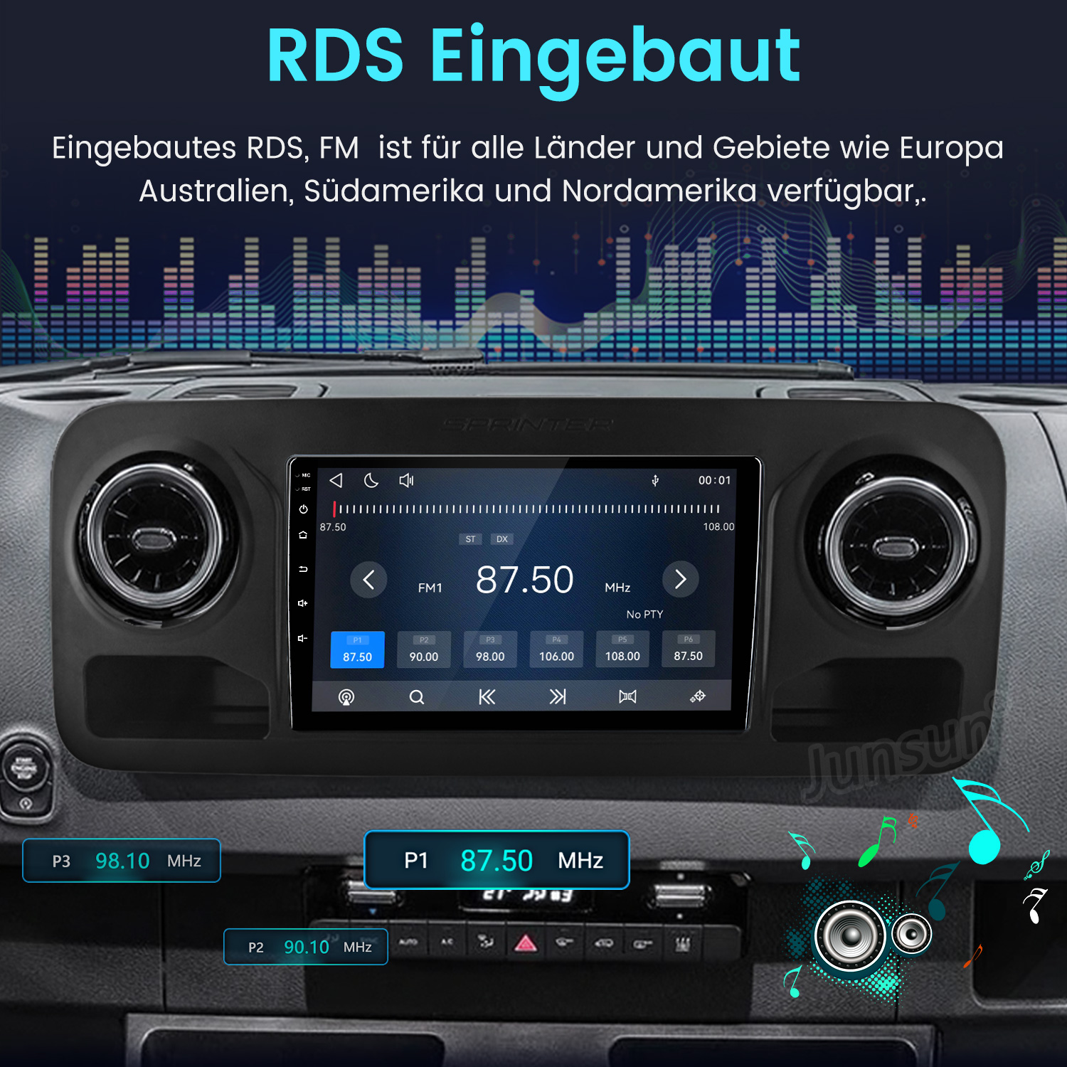 Autoradio mit eingebautem RDS und FM-Tuner in einem Auto-Armaturenbrett.