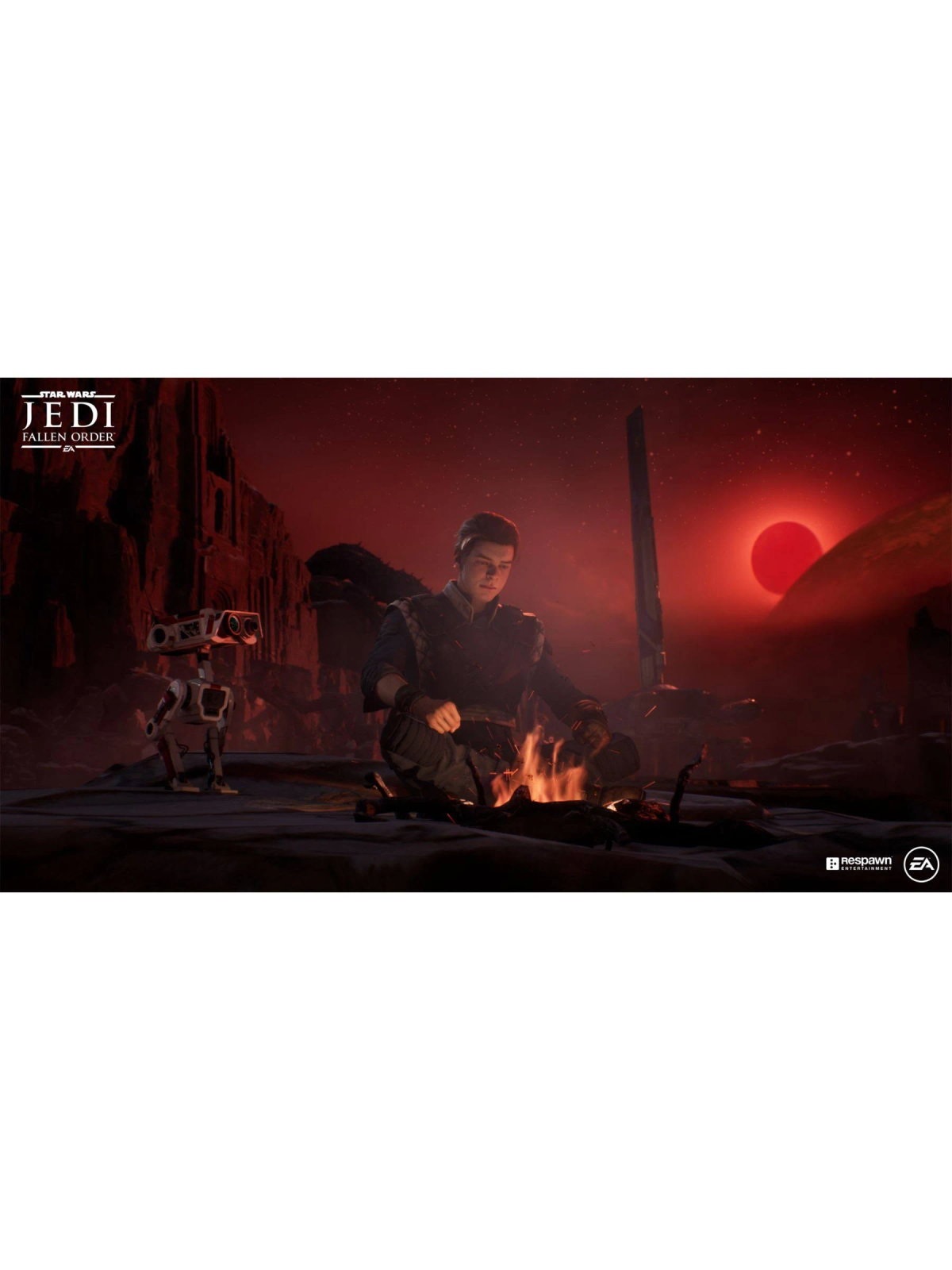 Ein Jedi sitzt im roten Schein eines Feuers, neben ihm ein kleiner Roboter, unter einem roten Himmel.