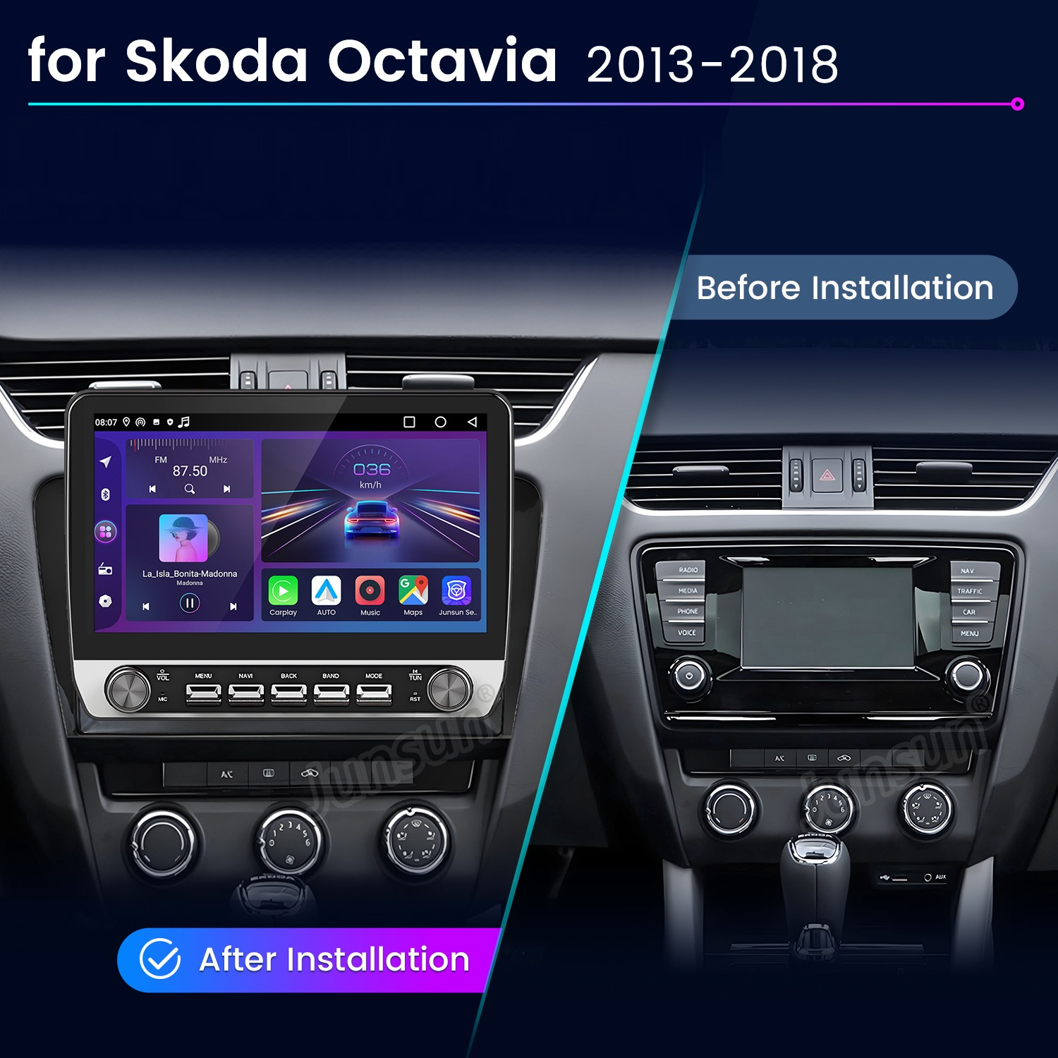 Vergleich des Armaturenbretts vor und nach der Installation eines neuen großen Infotainmentsystems in einem Skoda Octavia.