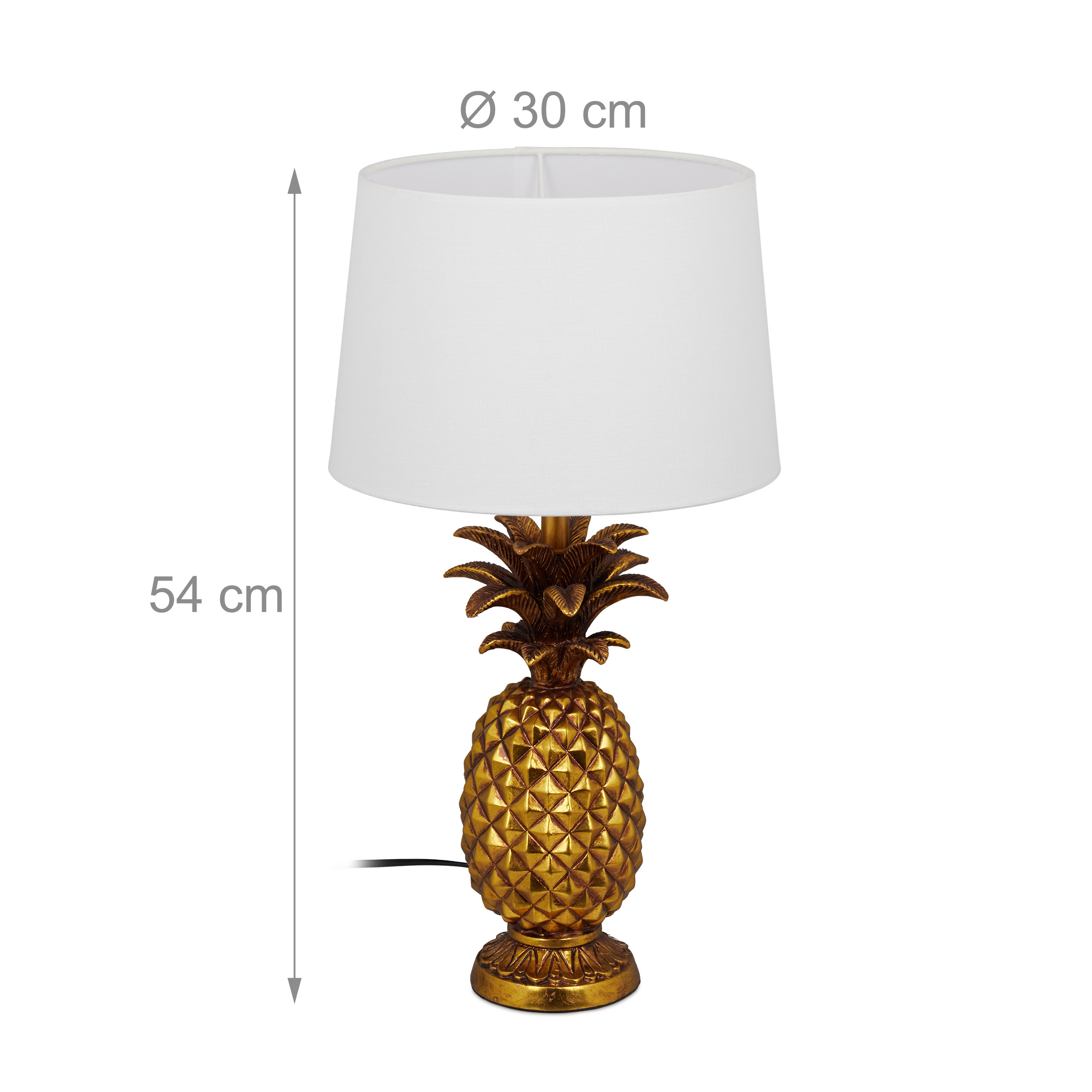 Goldene Tischlampe in Ananasform mit weißem Lampenschirm, 54 cm hoch und 30 cm Durchmesser.