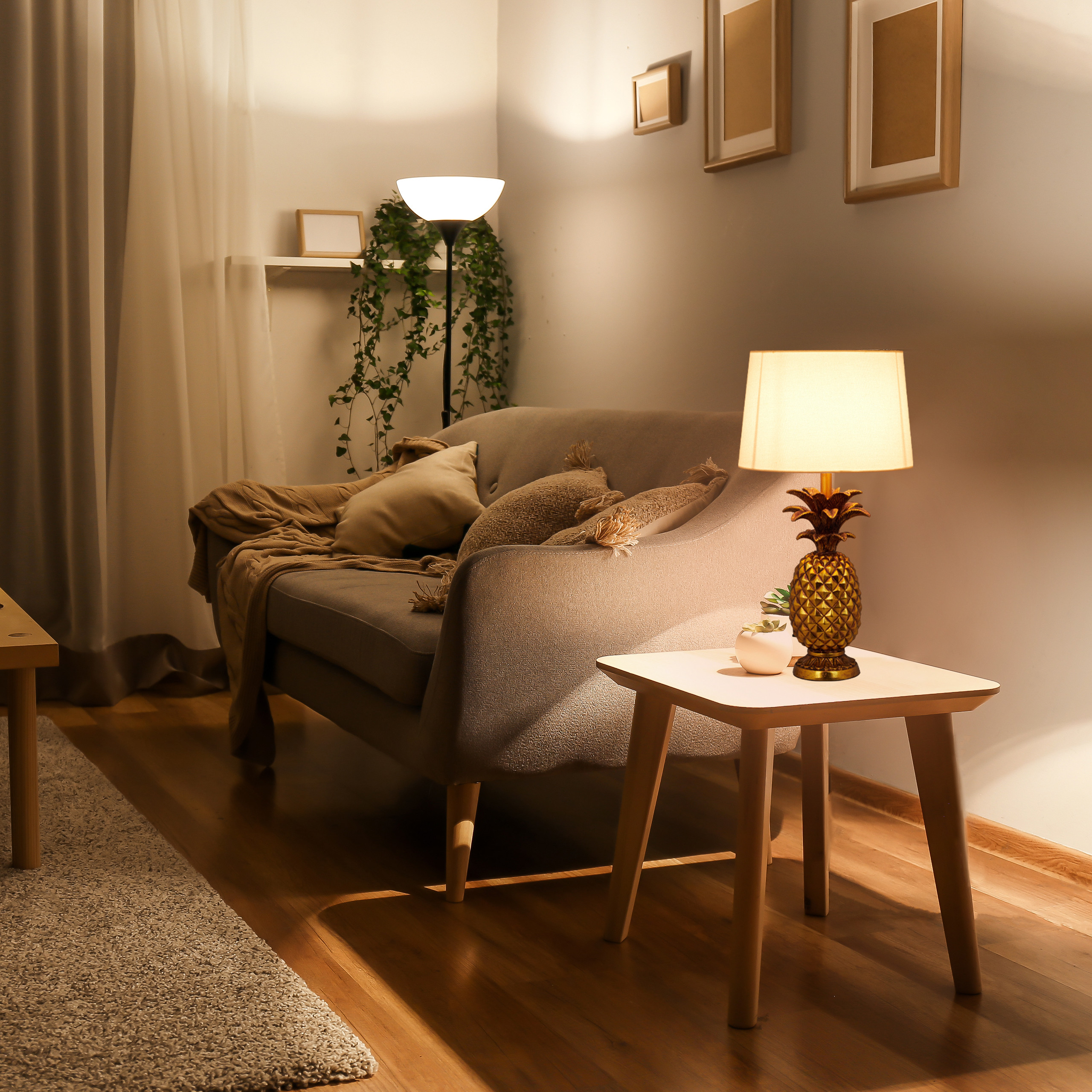 Wohnzimmer mit grauem Sofa, Kissen, Stehlampe und kleinem Tisch mit Ananas-Lampe.