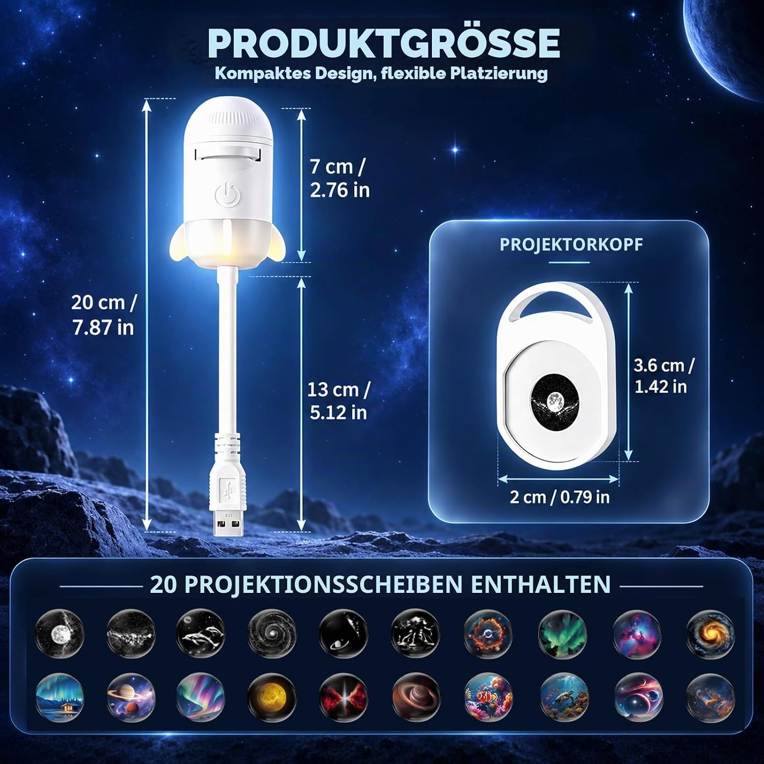 Produktgröße und Maße einer kleinen weißen USB-Prozessorlampe mit zwanzig mitgelieferten Projektscheiben.