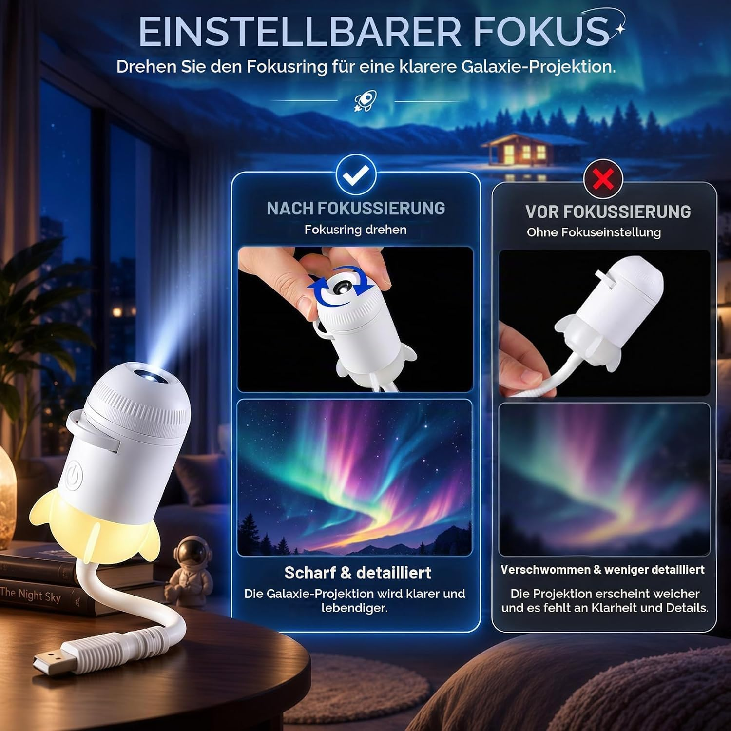 Anleitung zur einstellbaren Fokussierung eines weißen raketenförmigen Galaxie-Projektors mit klaren und verschwommenen Ergebnissen.