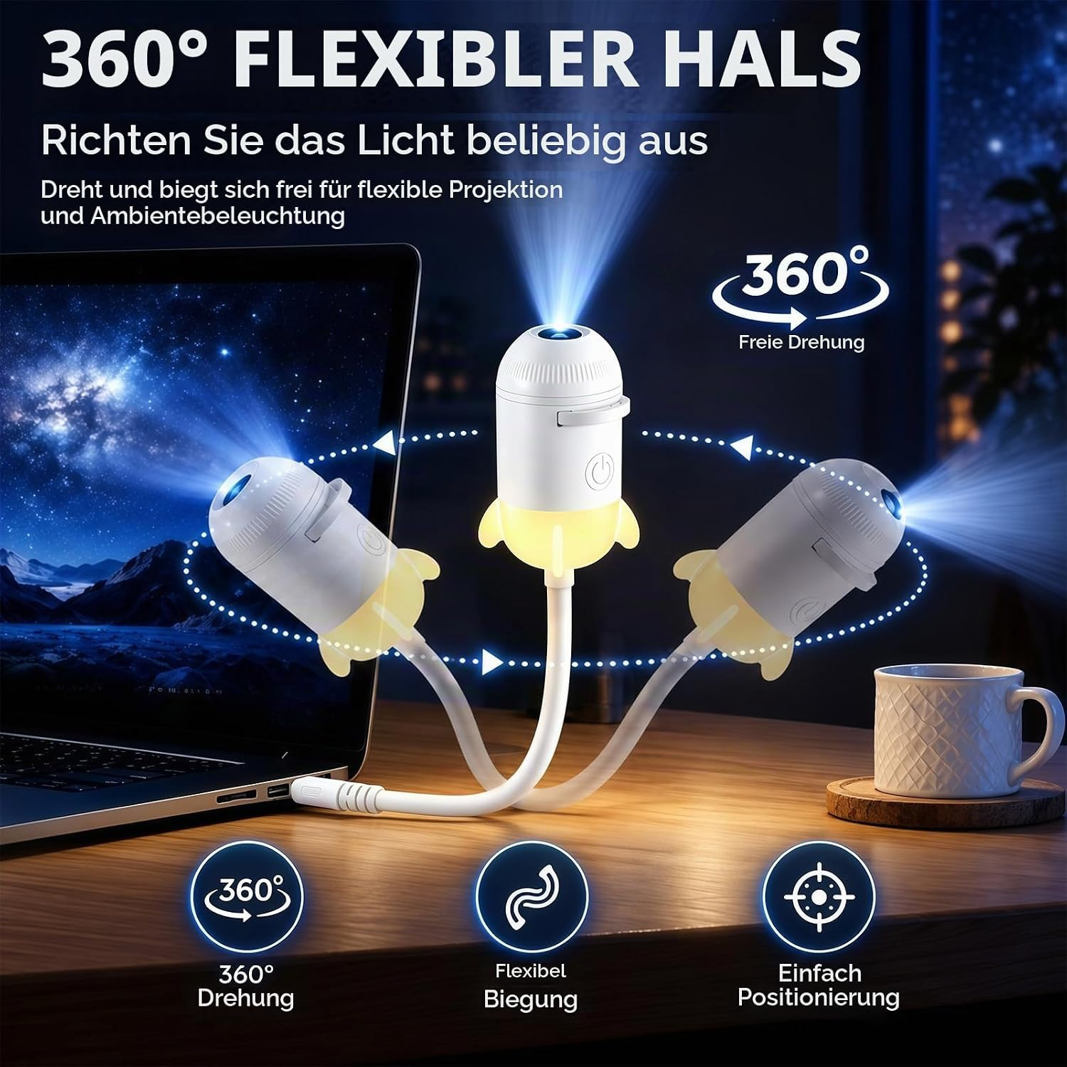 Ein weißer, flexibler LED-Projektor mit Hals auf einem Holztisch neben einem Laptop und einer Kaffeetasse.