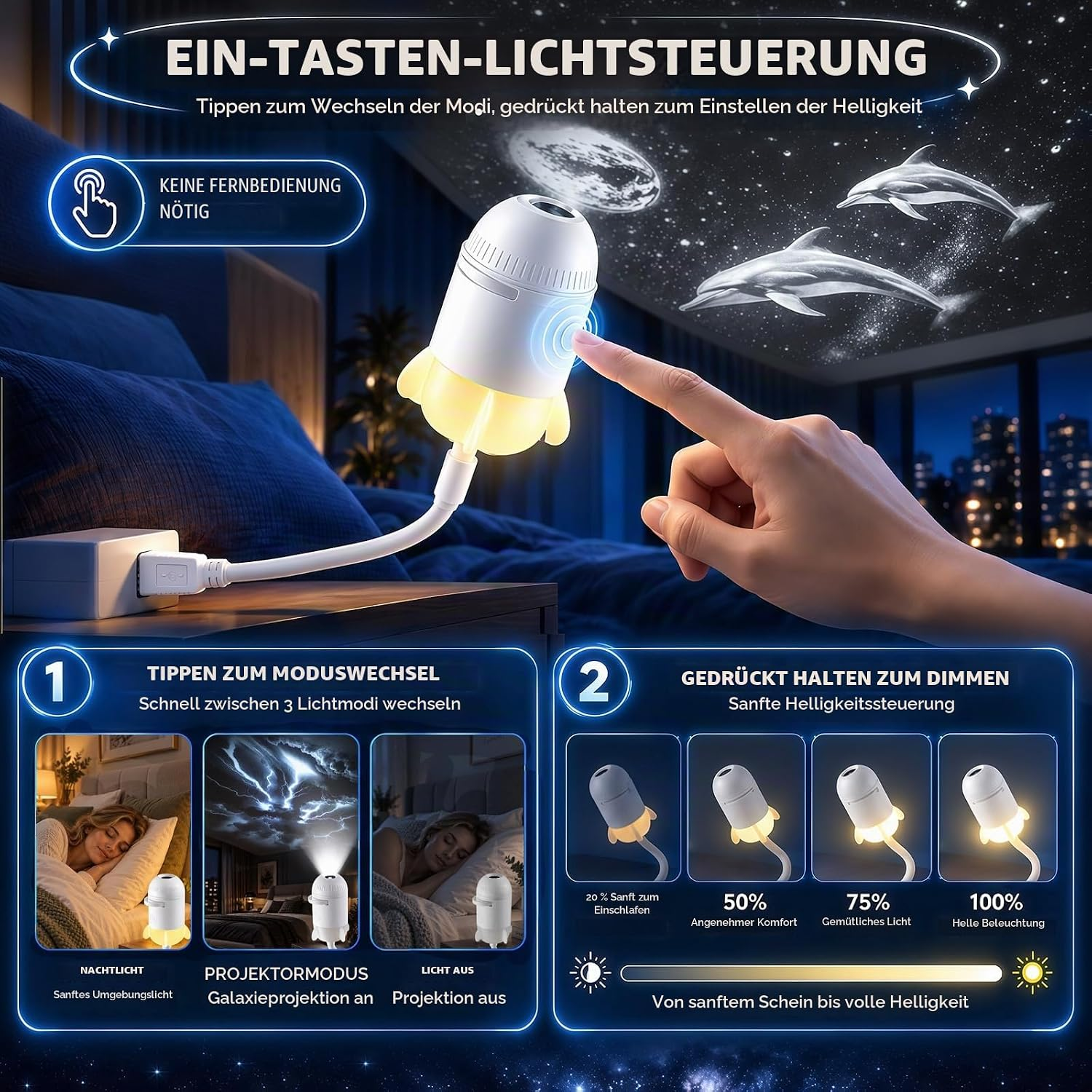 Eine Hand berührt eine weiße Nachtlampe, die Delphine an die Decke projiziert und per USB angeschlossen ist.