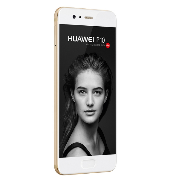 Ein weißes Huawei P10 Smartphone mit einem schwarz-weißen Frauenporträt auf dem Bildschirm.