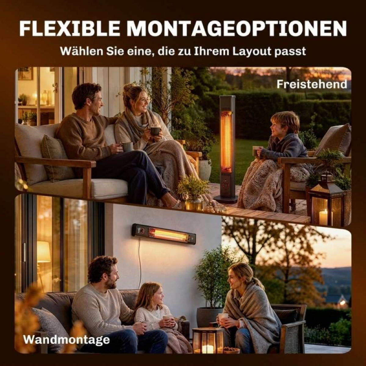 Zwei Szenen zeigen eine Familie auf einer Terrasse mit einem stehenden oder an der Wand montierten Infrarotstrahler.