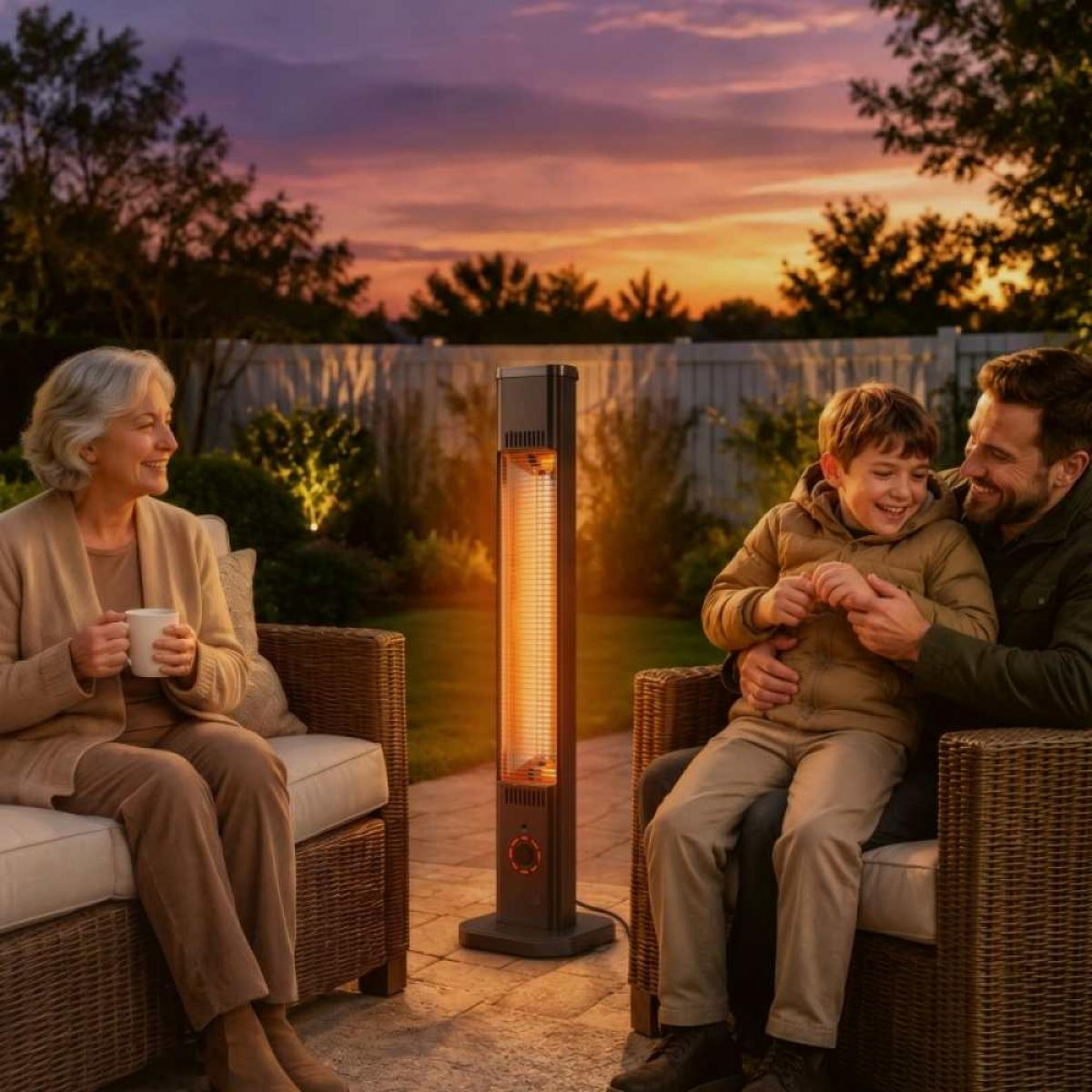 Eine Familie sitzt in der Dämmerung auf Terrassenmöbeln und wird von einem leuchtenden Terrassenheizer gewärmt.