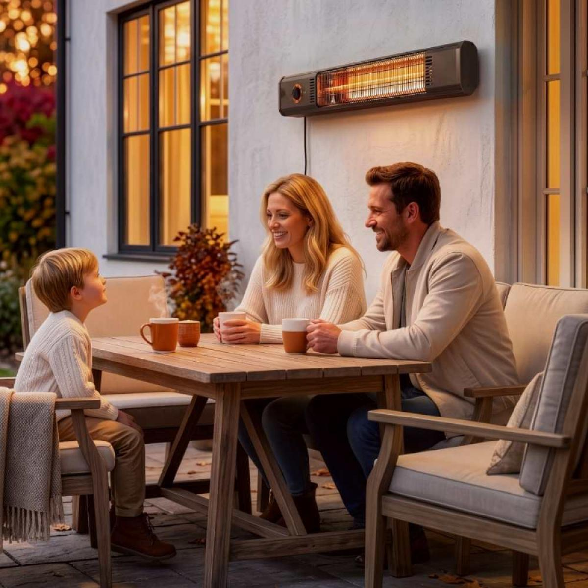 Eine dreiköpfige Familie sitzt an einem Holztisch im Freien, hält Tassen und ein Terrassenheizstrahler hängt an der Wand.