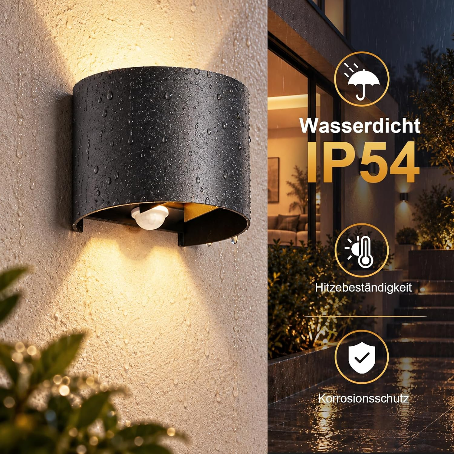 Wodoodporna czarna lampa ścienna IP54 z kroplami deszczu i ikonami.