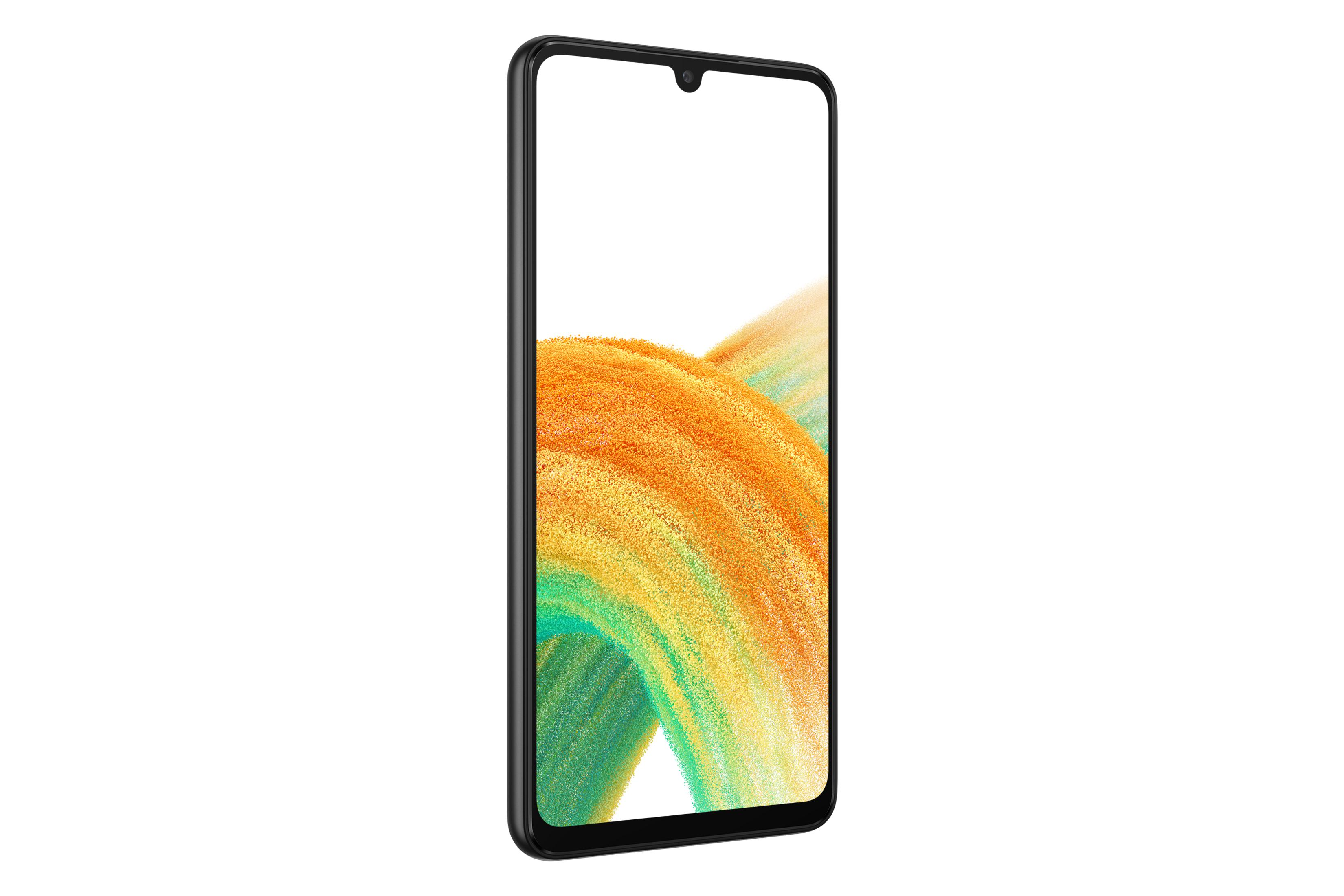 Renkli soyut duvar kağıdına sahip ve ekranda küçük damla şeklinde kamera kesimi olan açılı siyah bir akıllı telefon.