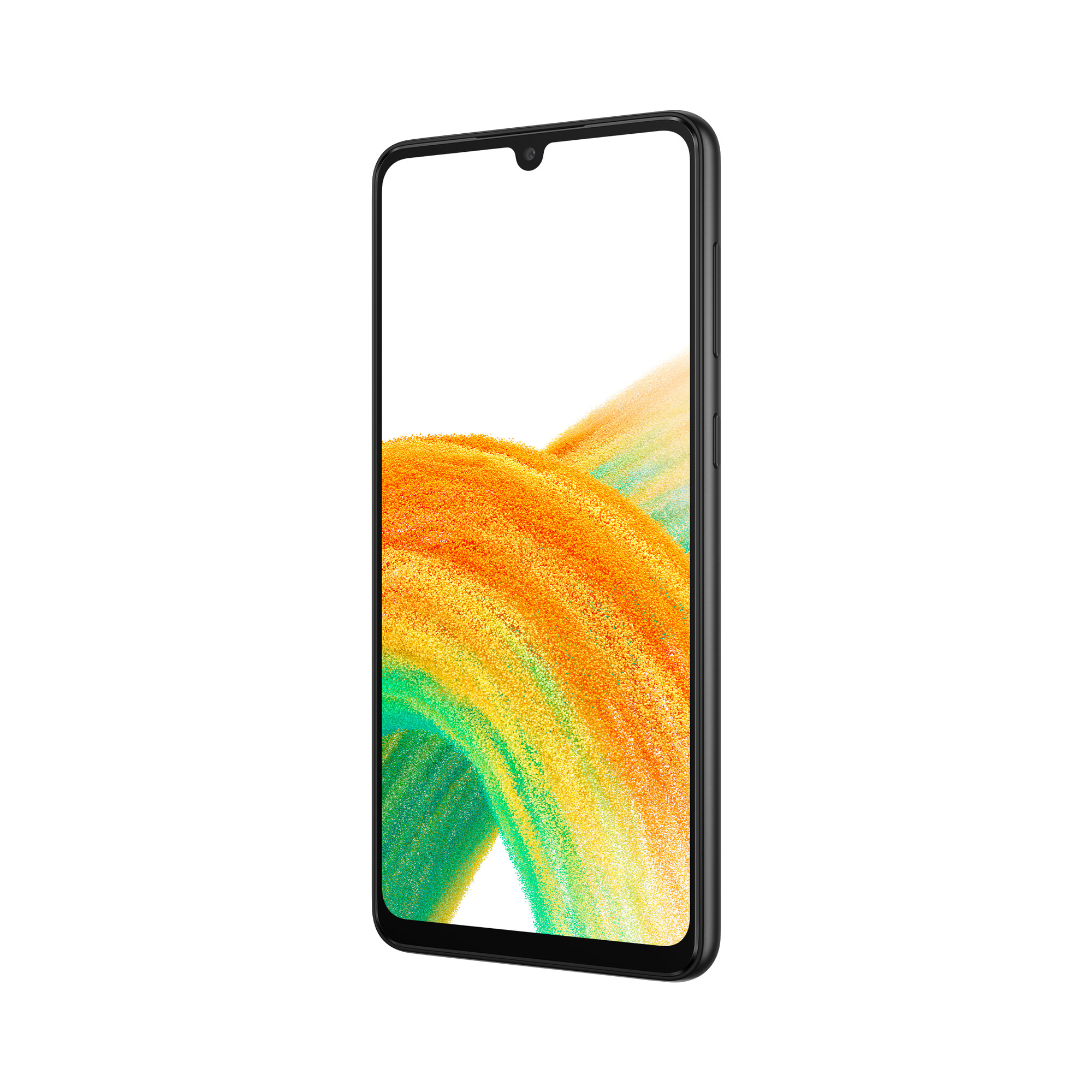 Ekranında soyut dalga duvar kağıdı olan siyah bir akıllı telefon, beyaz arkaplanda hafif açılı.