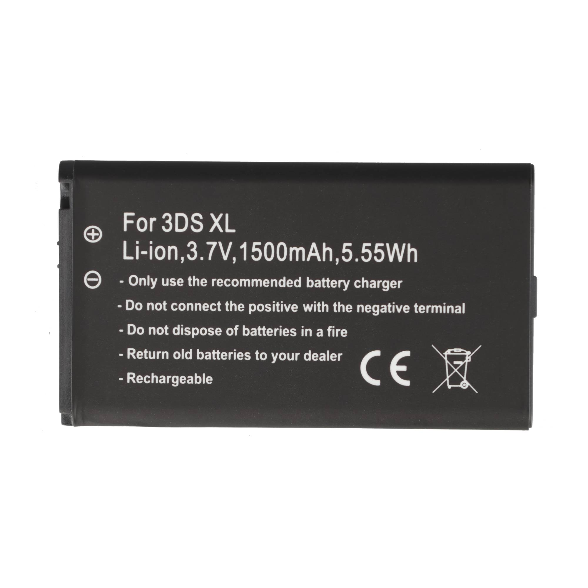 Schwarze Lithium-Ionen-Akku für 3DS XL mit weißem Text und Symbolen.