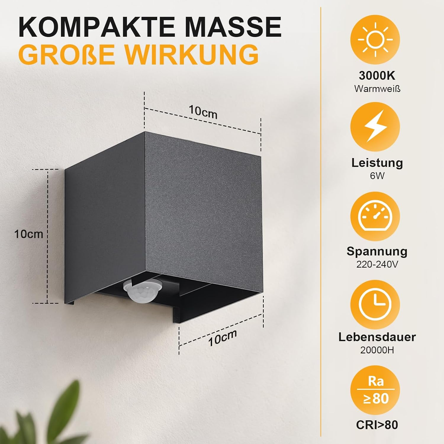 Szara, sześcienna lampa ścienna LED o wymiarach 10x10x10 cm z ikonami technicznymi po prawej.