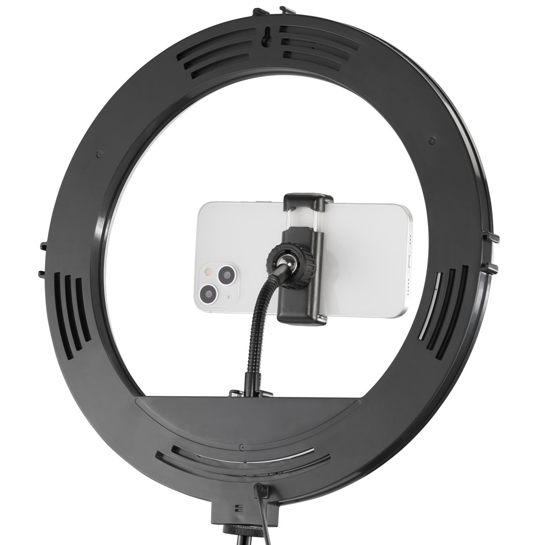 Ein großes schwarzes Ringlicht mit einer Smartphone-Halterung in der Mitte, die ein weißes Telefon hält.