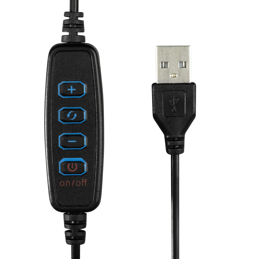 Schwarze Kabelsteuerung mit vier blauen Tasten und USB-Anschluss auf weißem Grund.