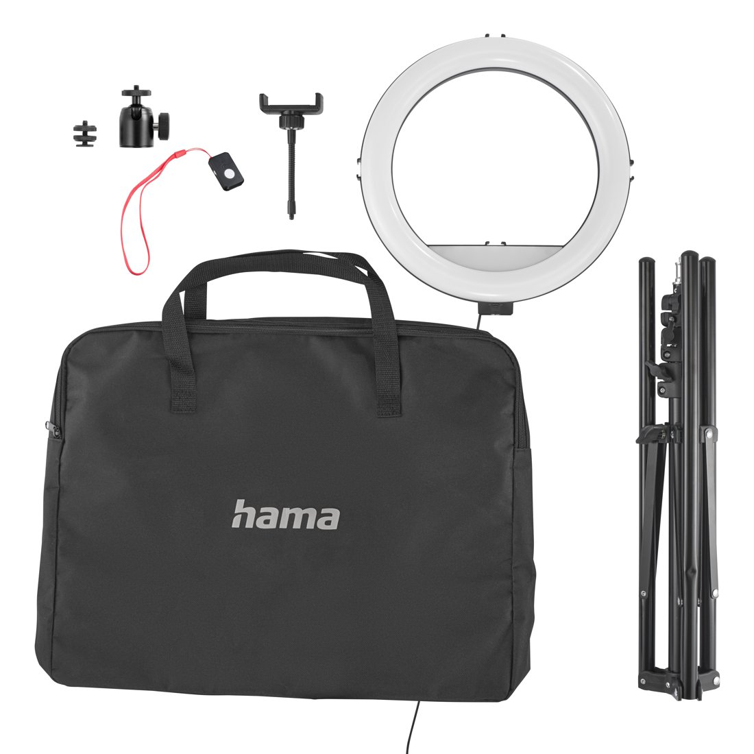 Ein Ringlicht, ein Stativ, eine Tragetasche mit Hama-Logo und diverses Zubehör auf weißem Hintergrund.
