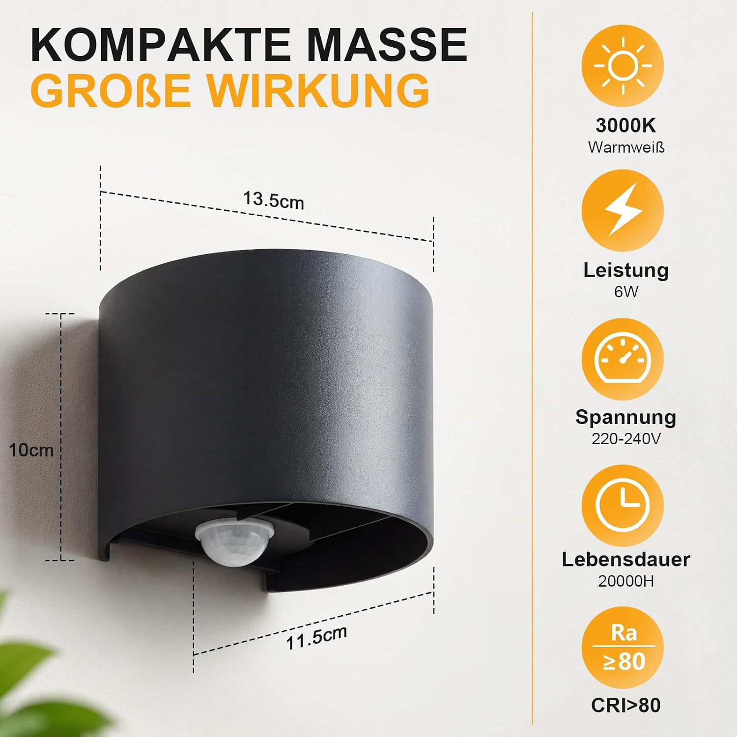 Czarna lampa ścienna z czujnikiem, wymiarami i specyfikacją techniczną na jasnym tle.