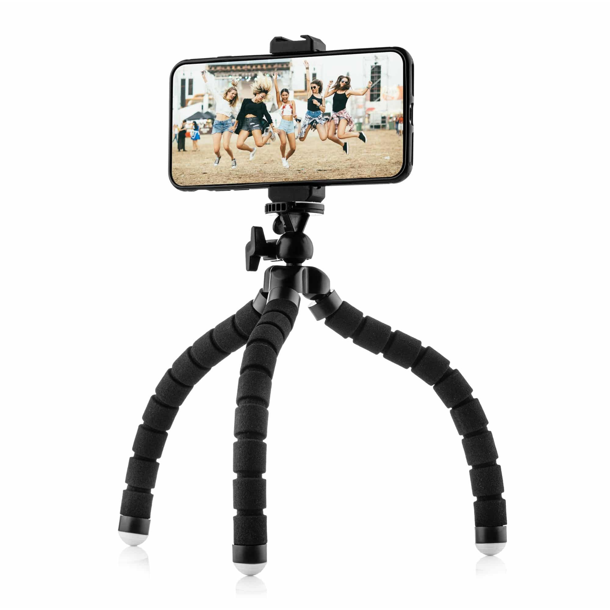 A smartphone mounted on a small, flexible black tripod with bendable foam legs on a white background.
