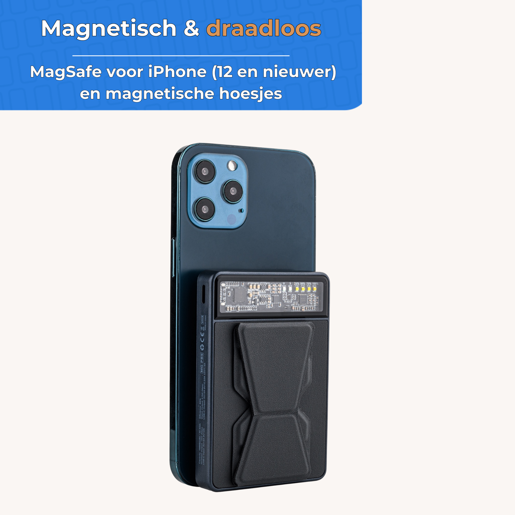 A dark blue power bank with a stand is magnetically attached to the back of a blue iPhone.
