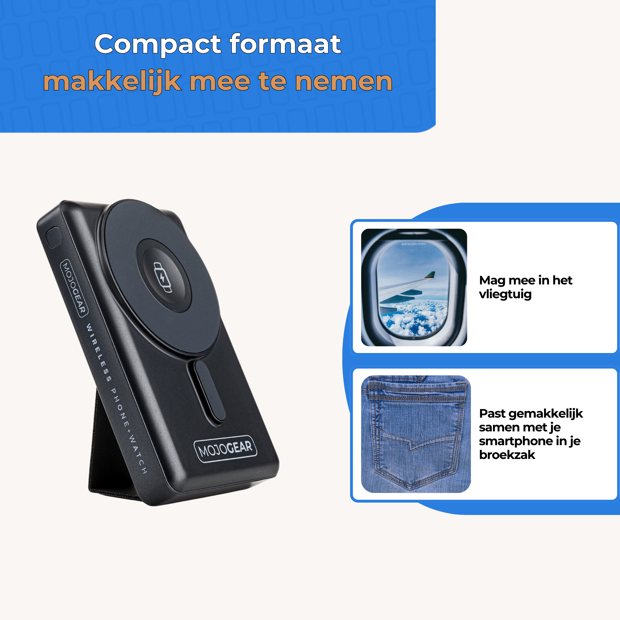 Black Mojogear power bank, portable and flight-friendly, shown with smartphone in pocket.