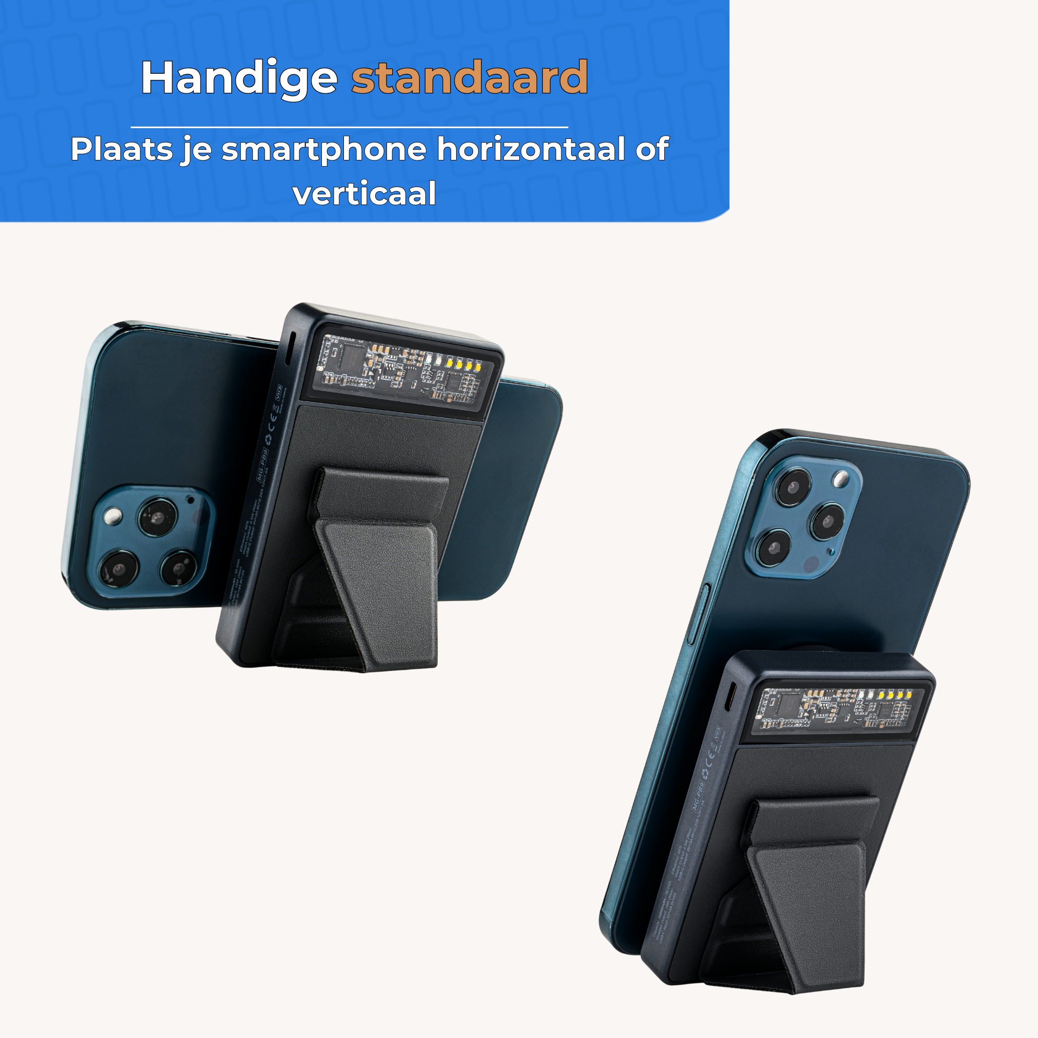 Smartphone stand with built-in power bank holding a phone horizontally and vertically.