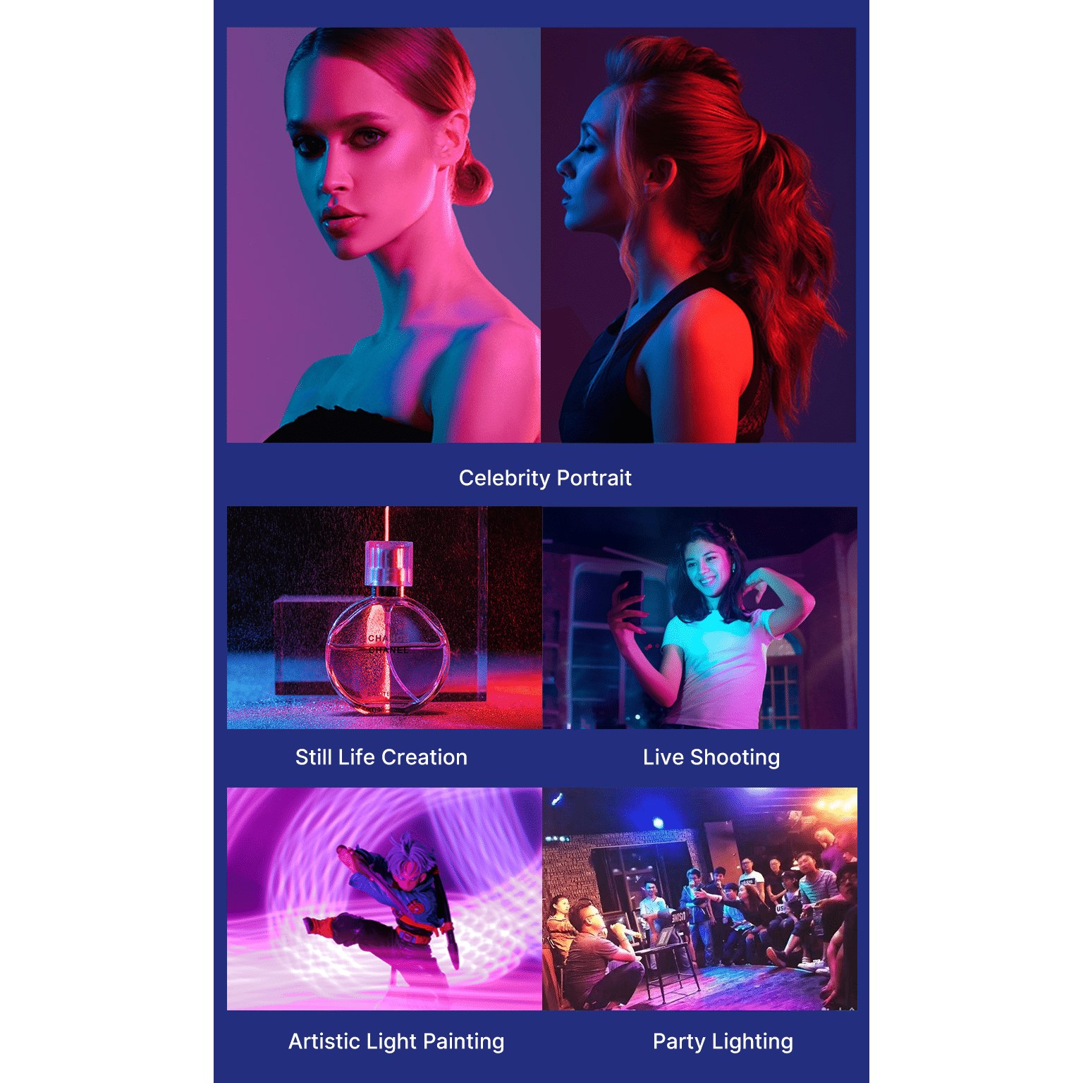 Collage displays portraits, perfume, live shooting, light painting, and party lighting with colorful effects.