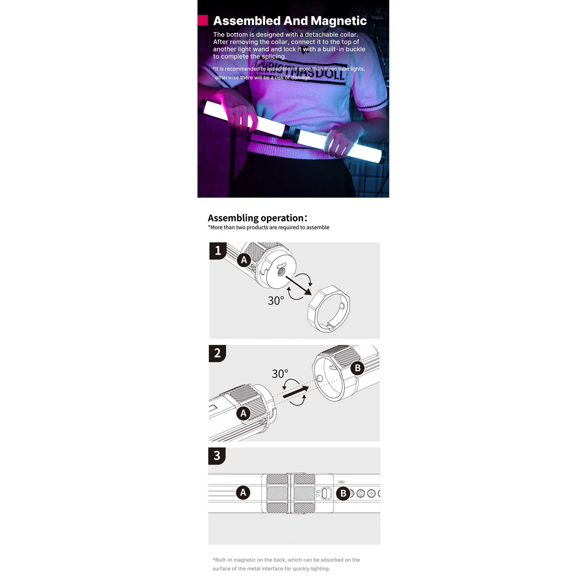 Instructions on magnetic and modular assembly of two tube lights with detailed diagrams.
