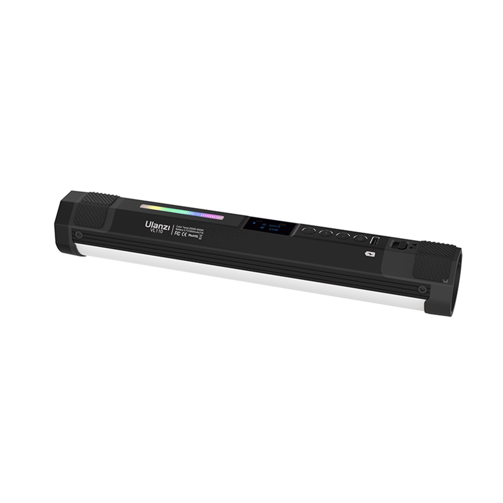 Black Ulanzi VL110 LED light wand featuring a digital display and control buttons against a white background.