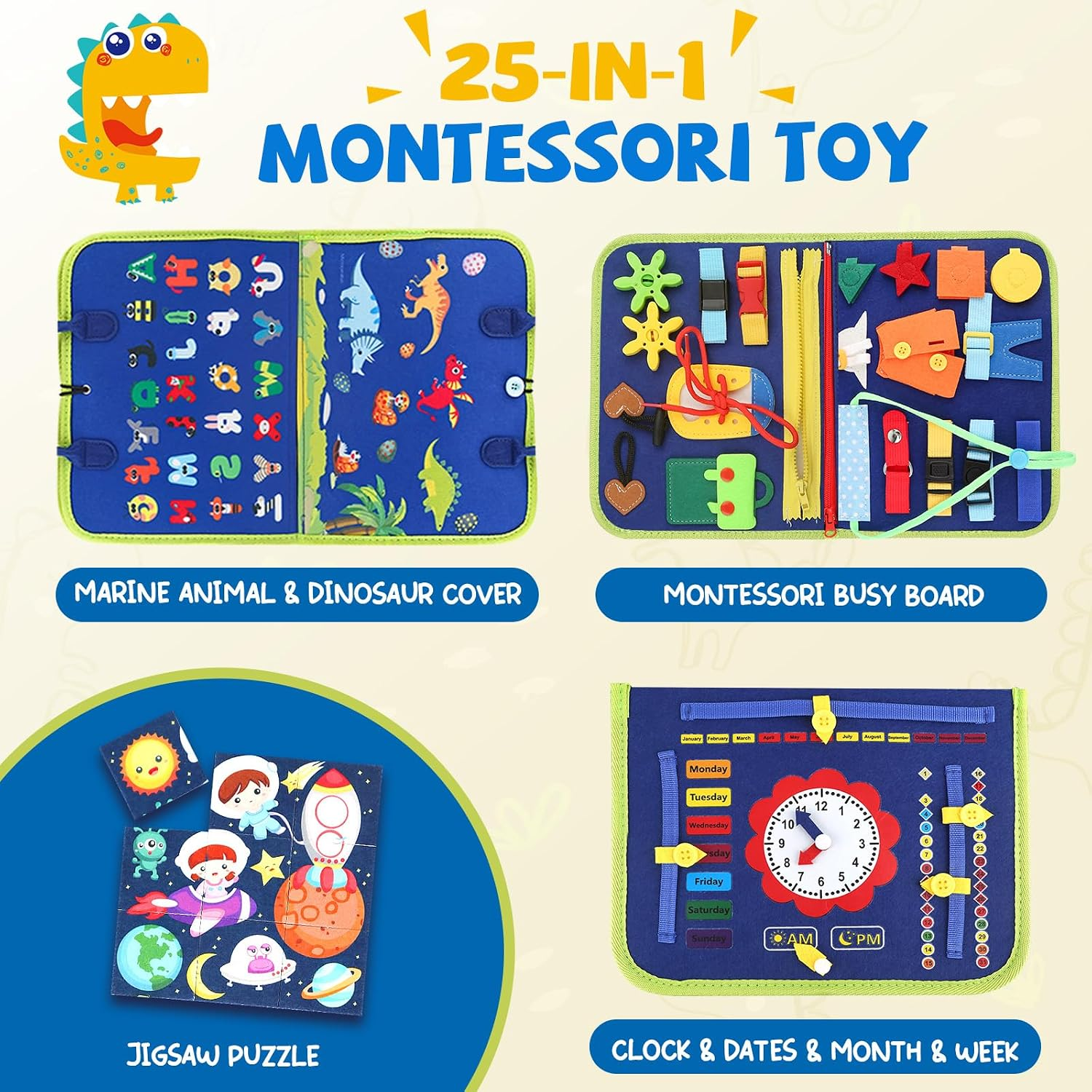 Ein 25-in-1 Montessori-Spielzeug mit Dinosaurier-Cover, geschäftigem Brett, Puzzles und einer Uhr.