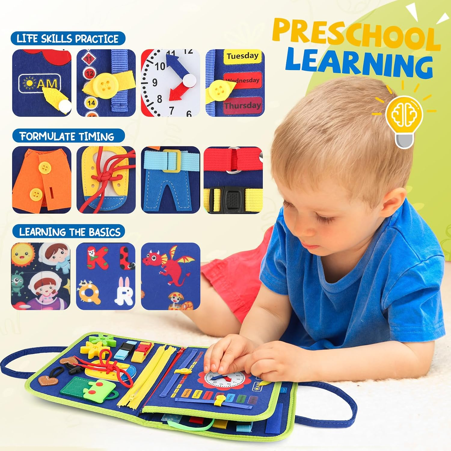 Kleinkind spielt mit einem bunten Montessori-Fühlbuch, umgeben von Detailbildern.