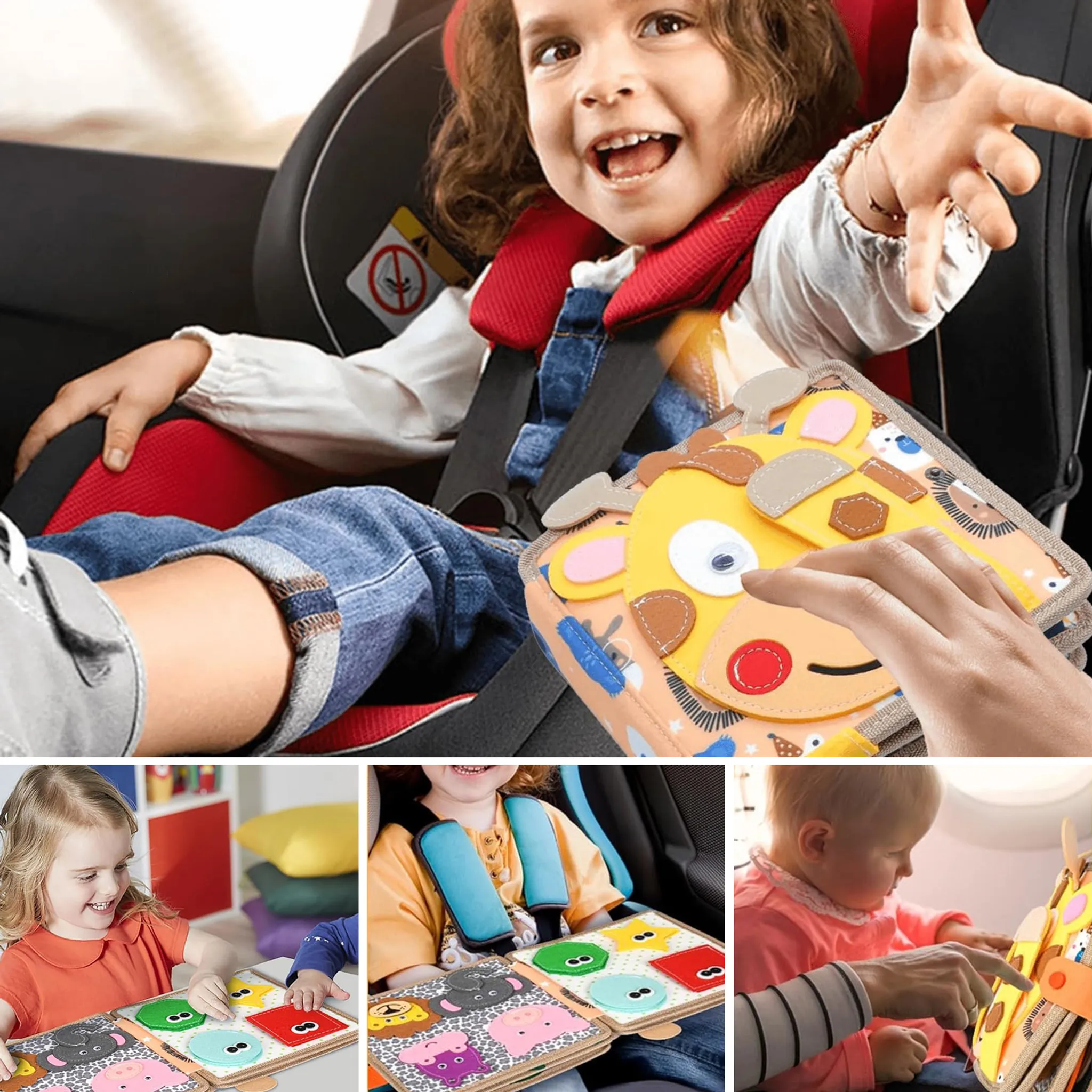 Ein lächelndes Kind im Autositz mit einem bunten Stoffspielbuch, mit kleineren Fotos von Kindern, die damit spielen.