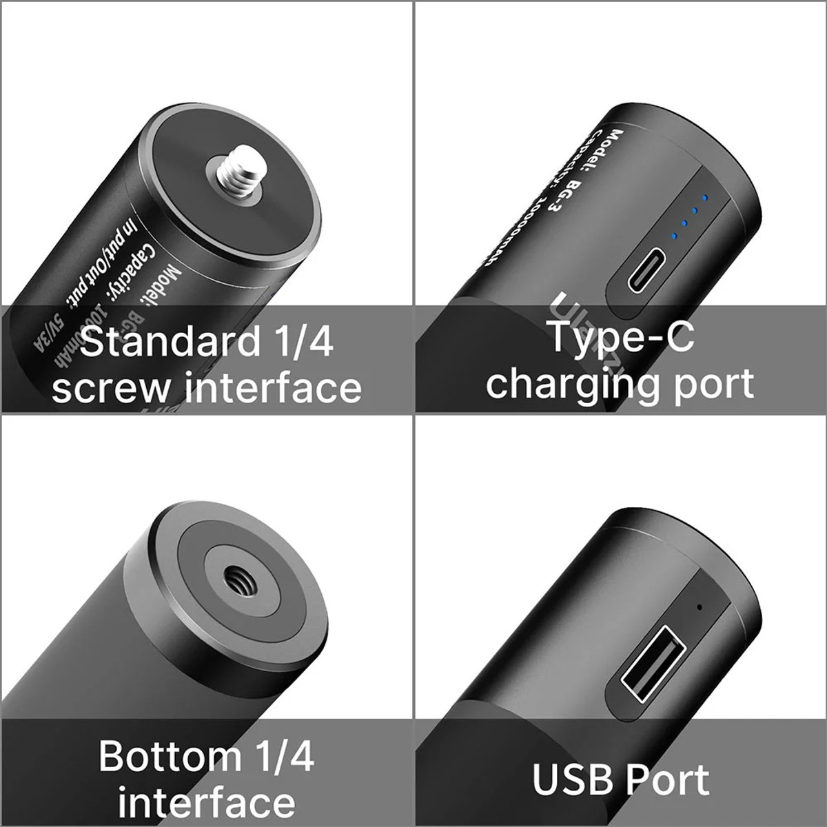 Four close-up views show the ports and threads of a black cylindrical device.