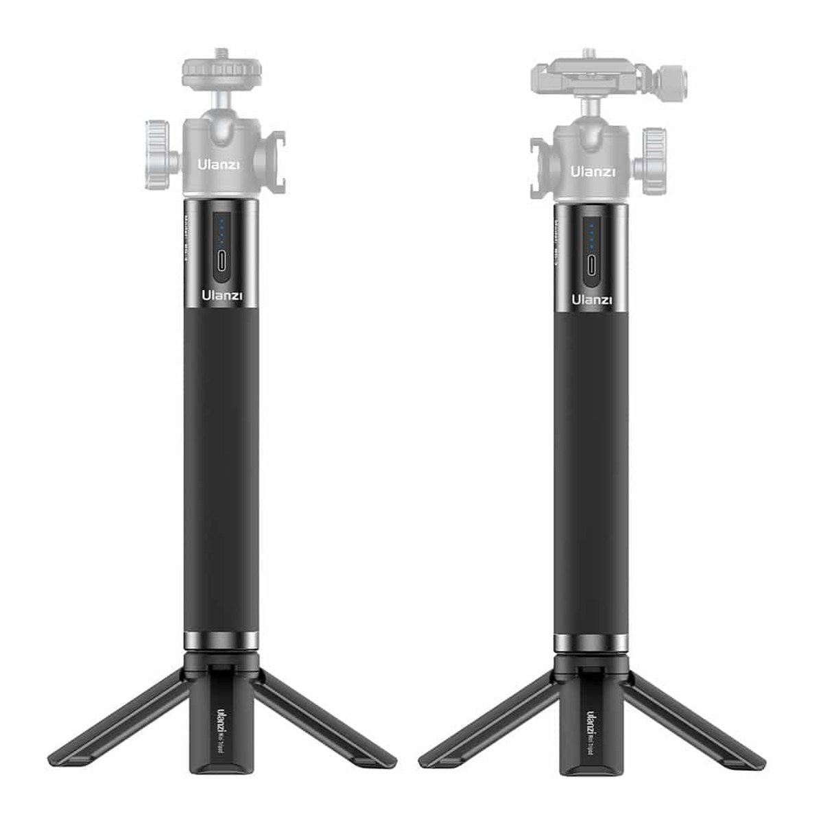 Two black Ulanzi mini tripods with ball heads standing side by side on a white background.