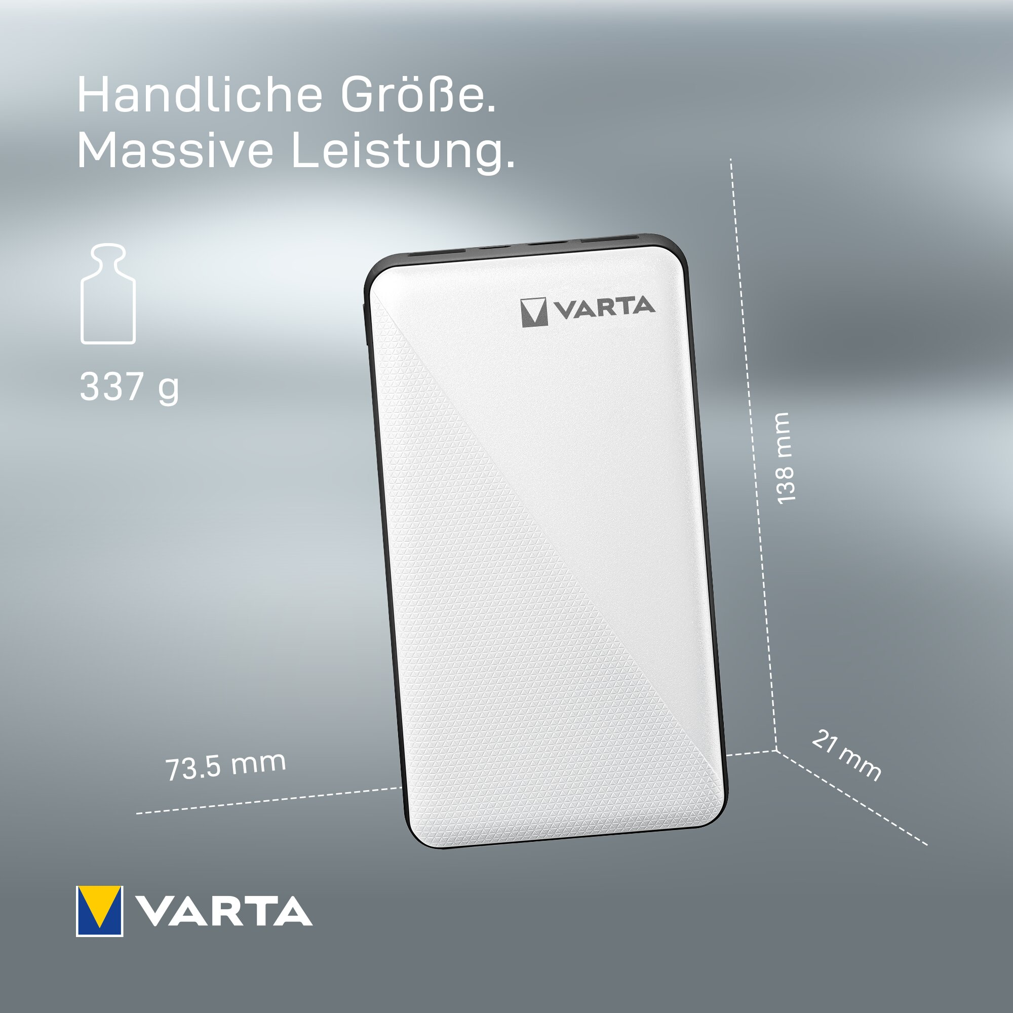 Weiße Varta Powerbank mit Gewichts- und Maßangaben auf grauem Hintergrund.