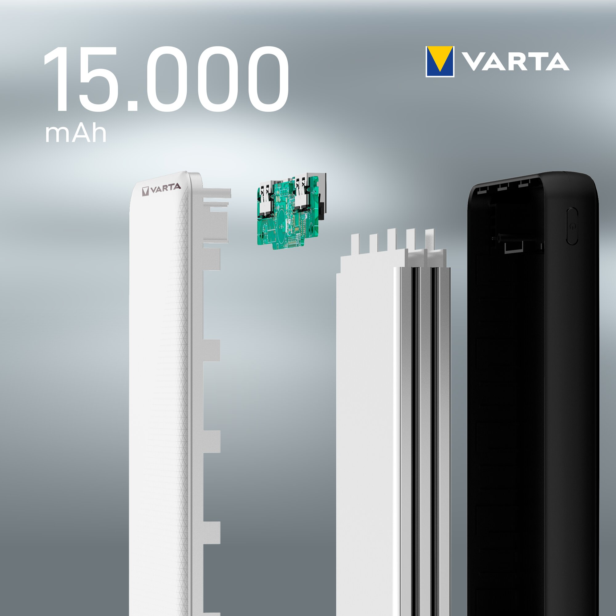 Explosionsdarstellung einer weißen und schwarzen VARTA 15.000 mAh Powerbank mit Leiterplatte.