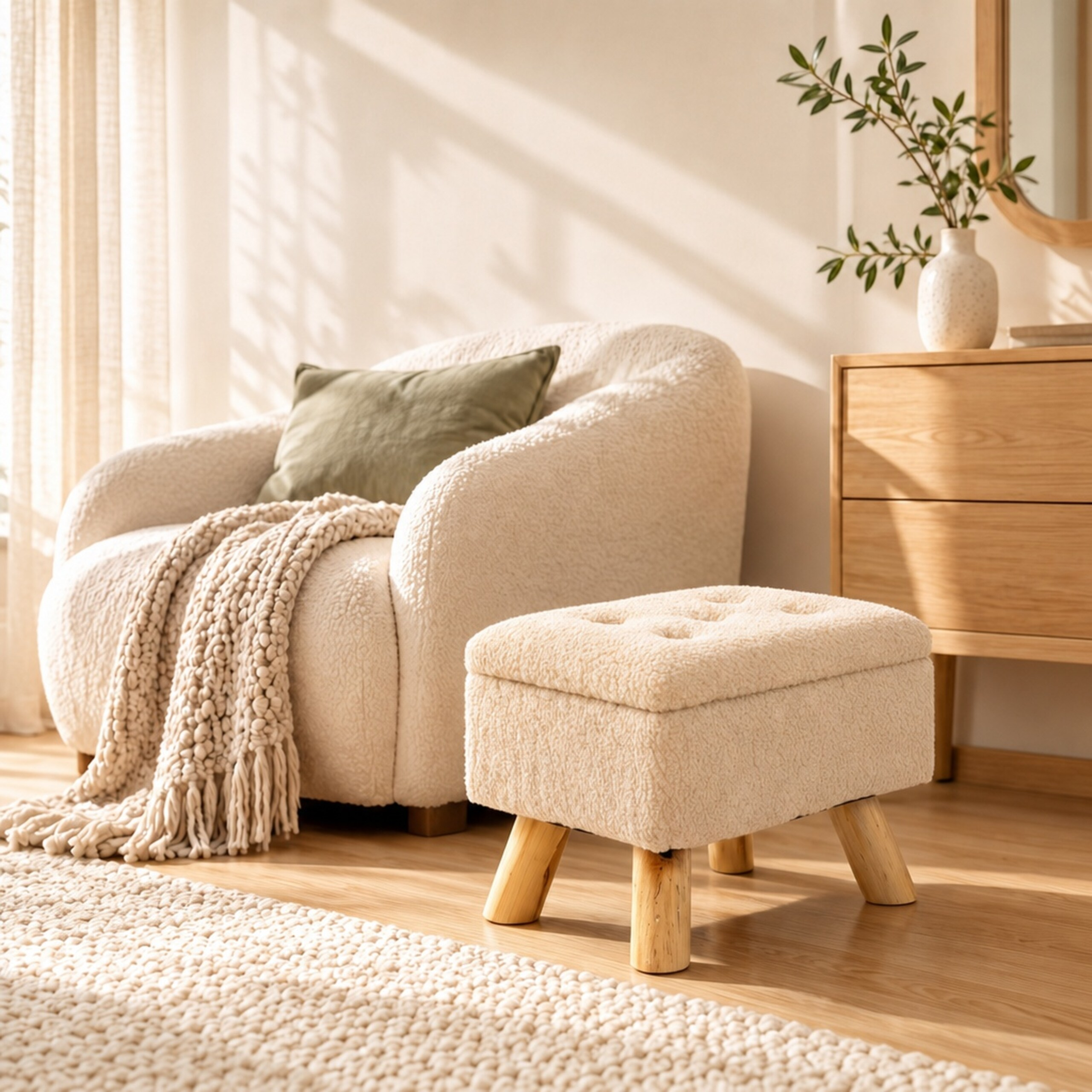 Beige Sessel mit Kissen und Decke, Fußhocker und Holzkommode in einem sonnigen Raum.