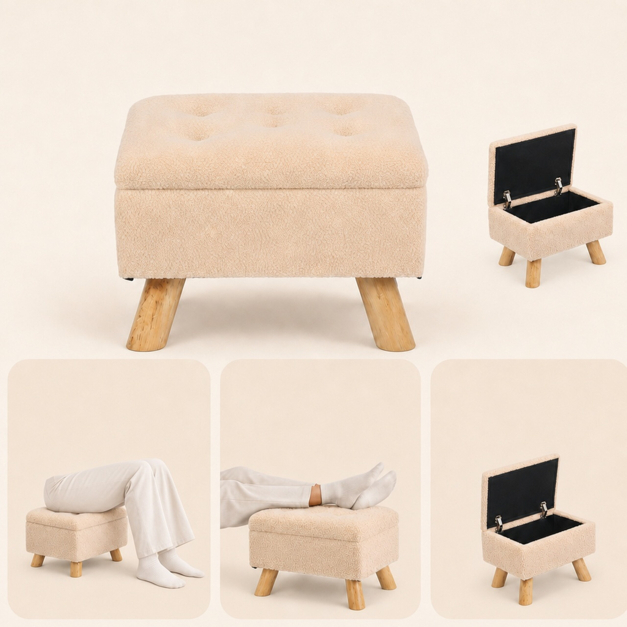 Beige Hocker mit Stauraum und Holzbeinen, gezeigt in geschlossener und geöffneter Form sowie mit Füßen.