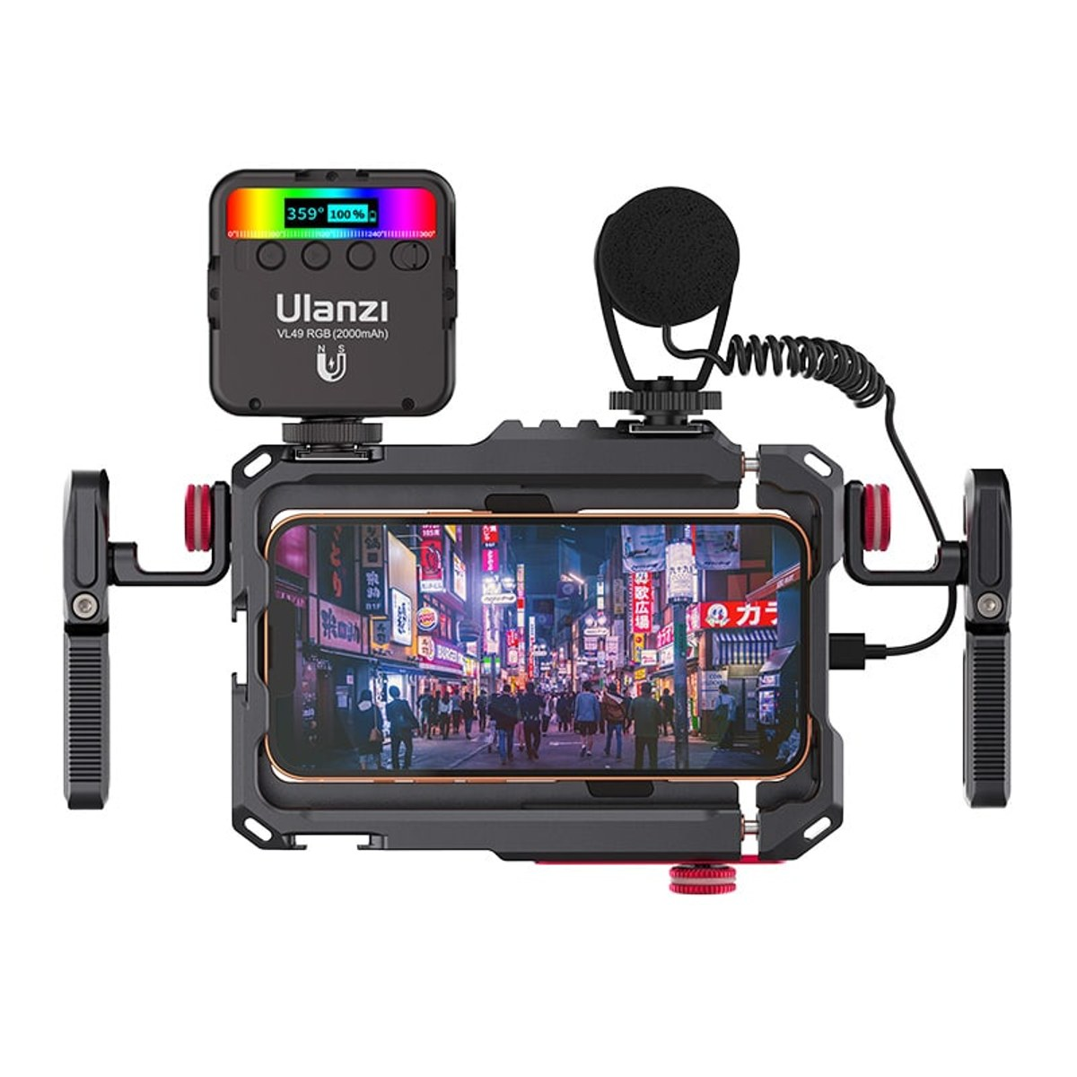 Smartphone in een zwarte rig met een RGB-videolamp en microfoon.
