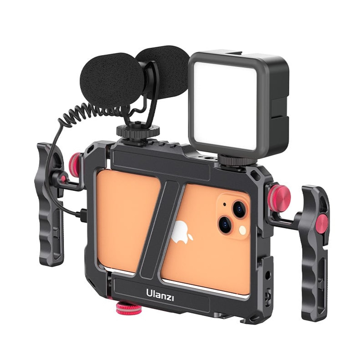 Een smartphone in een zwarte rig met microfoon en LED-lamp.