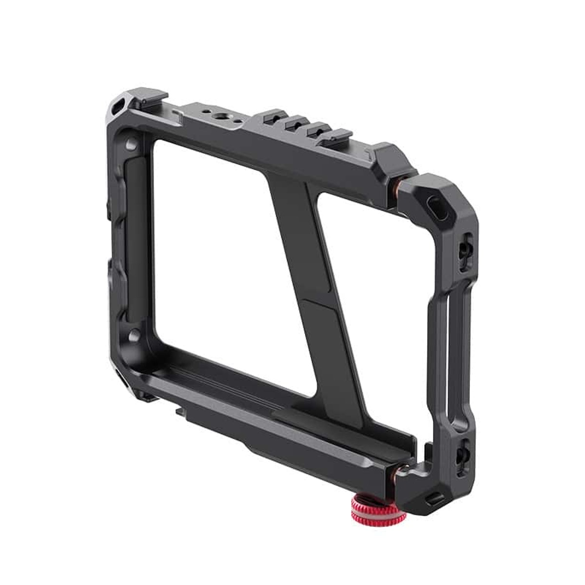 Een zwarte metalen cameracover met bevestigingspunten en een rode schroef onderop tegen een witte achtergrond.