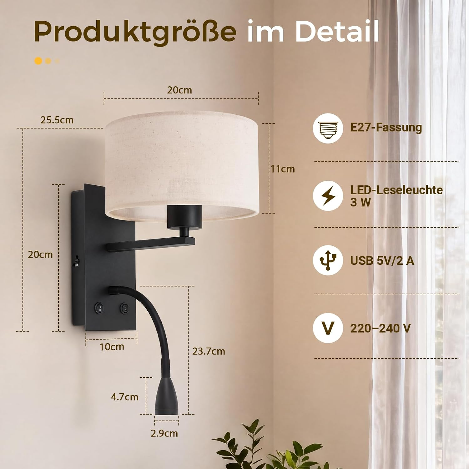 Rysunek techniczny lampy ściennej z wymiarami, oprawką E27, LED, USB i napięciem na beżowym tle.