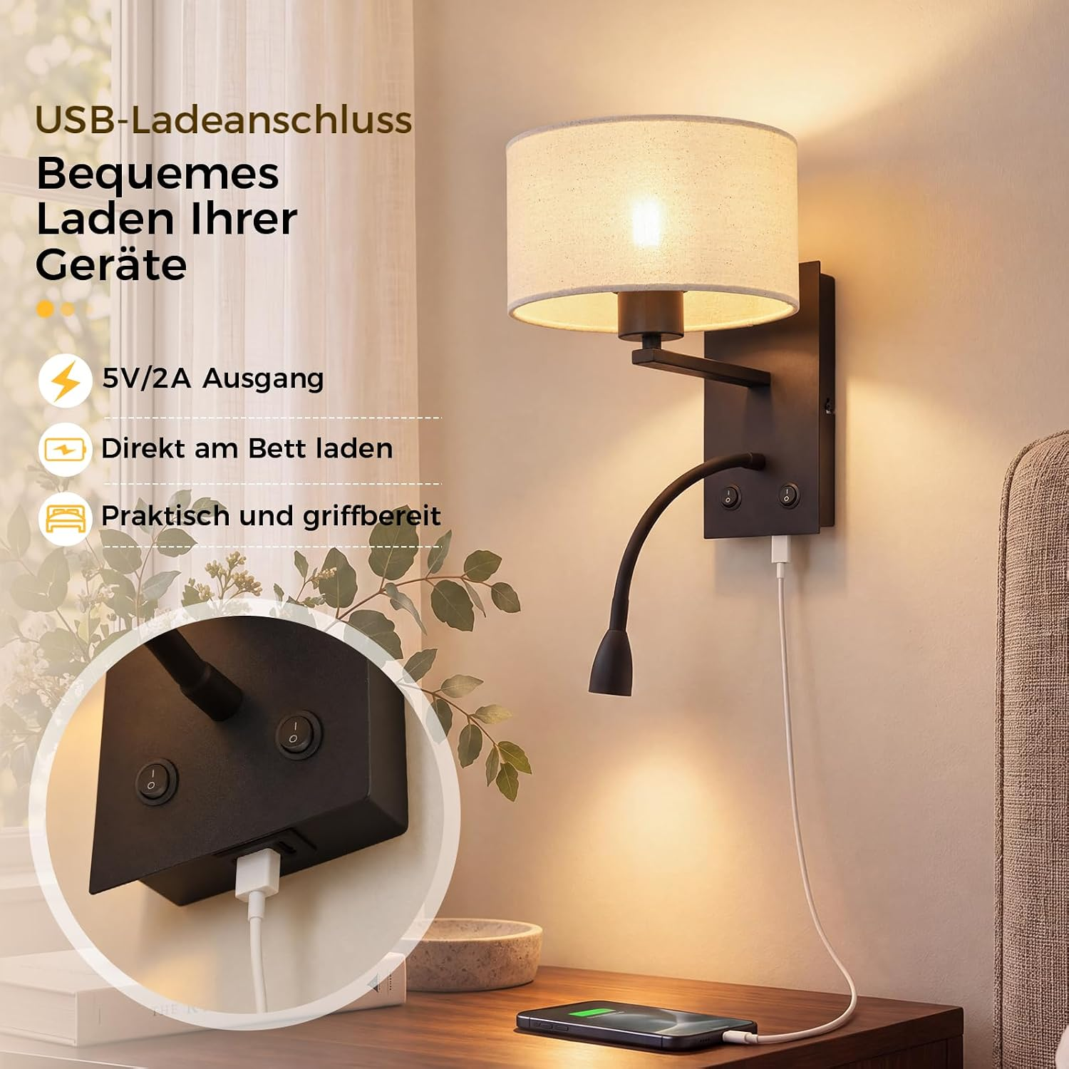 Nowoczesna lampa ścienna z abażurem z tkaniny i portem USB, zamontowana nad drewnianą szafką nocną.