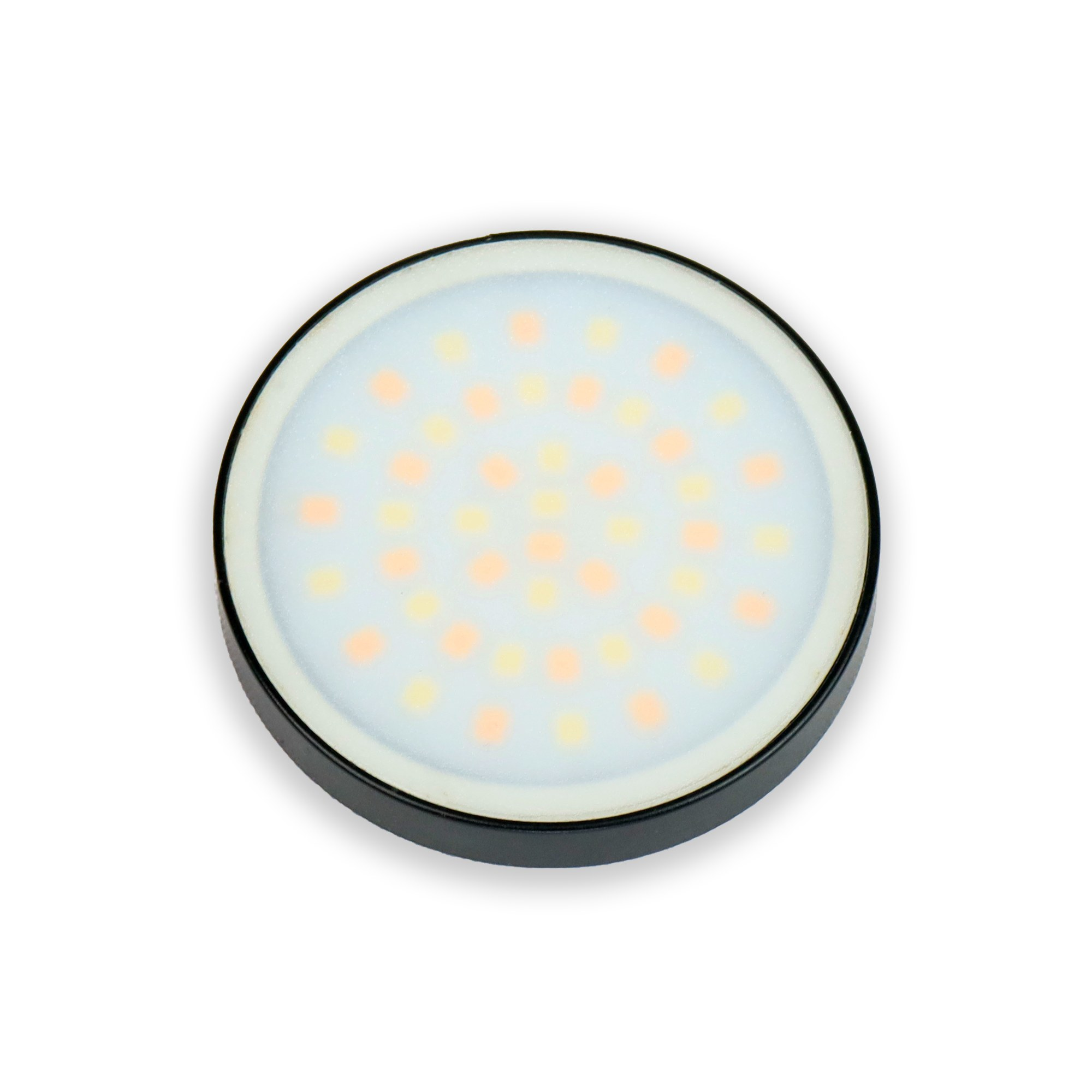 Round black LED under-cabinet light with glowing dots on a white surface against a white background.