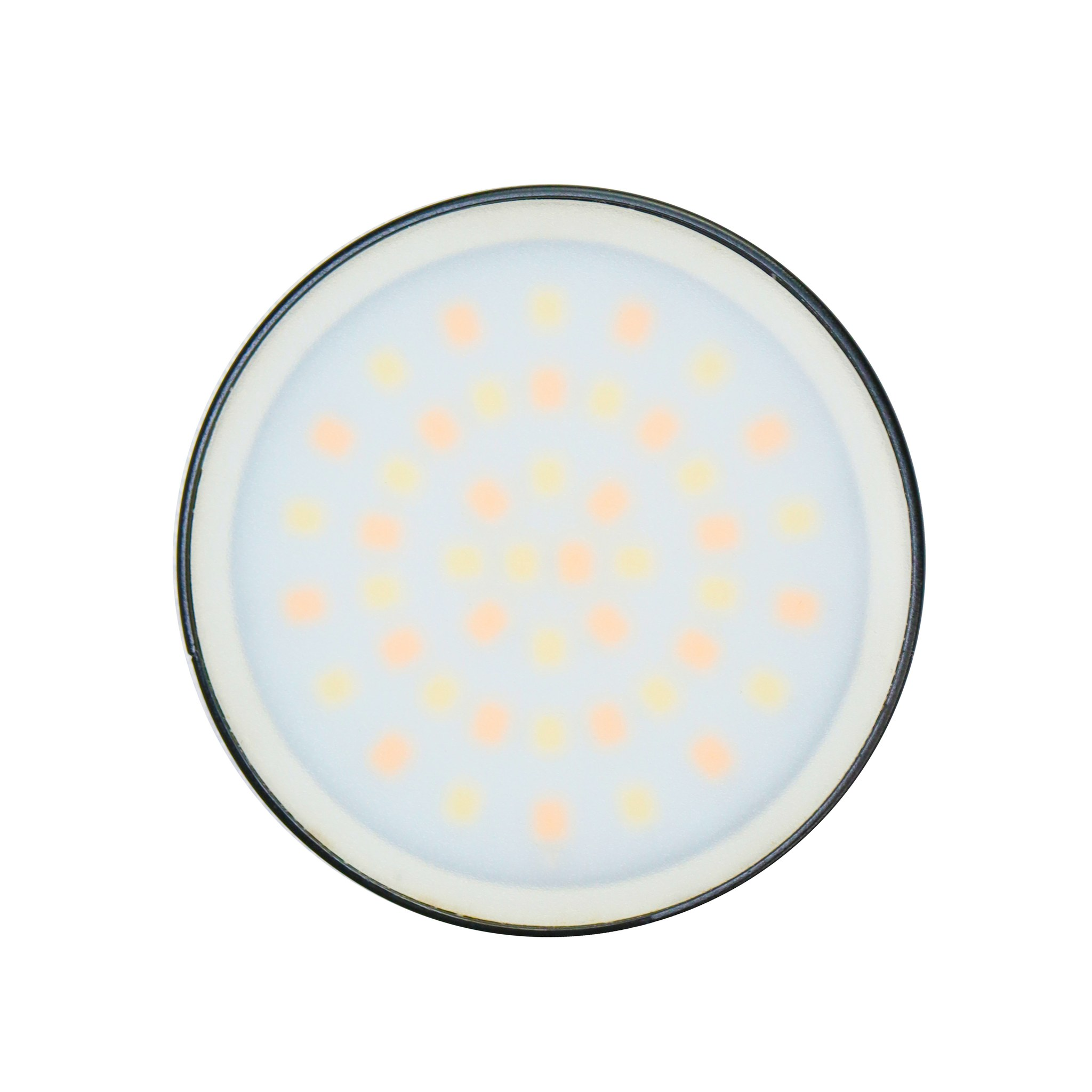 A round LED bulb face with alternating yellow and orange light dots inside a dark rim against a white background.