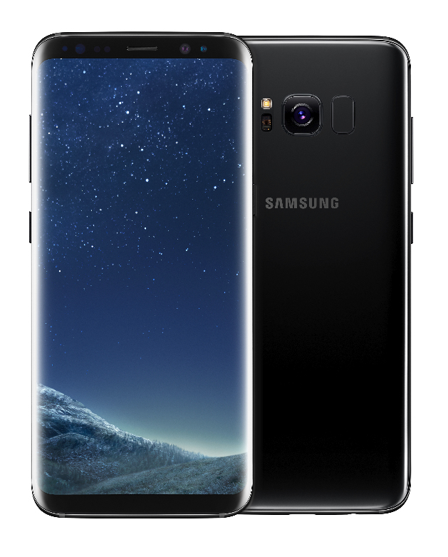 Zwei schwarze Smartphones zeigen die Vorder- und Rückseite, wobei das Display einen nächtlichen Sternenhimmel zeigt.