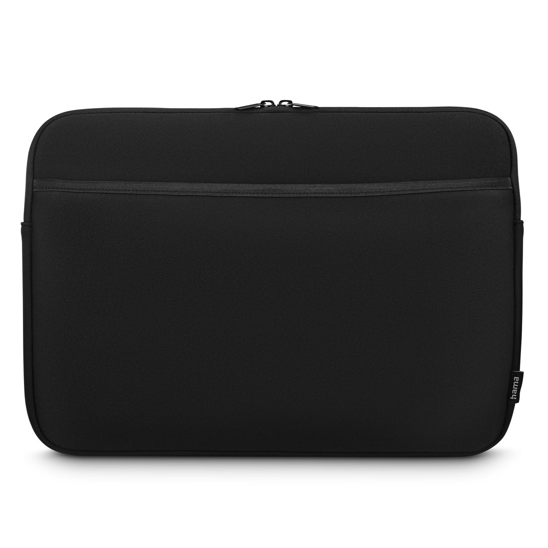 Czarne etui na laptopa z zamkiem błyskawicznym i małą metką z boku.