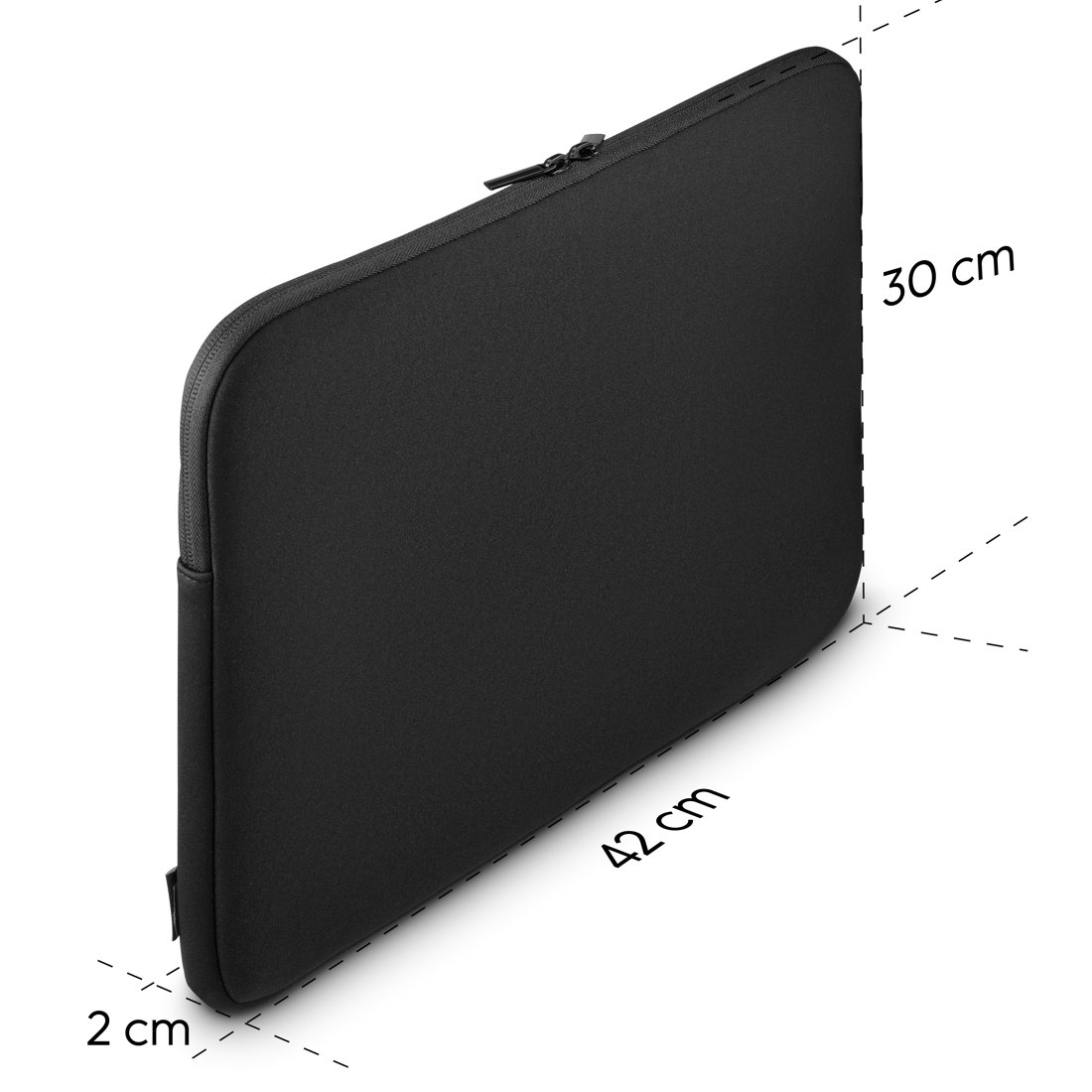 Czarna etui na laptopa o wymiarach 42 x 30 x 2 cm na białym tle.